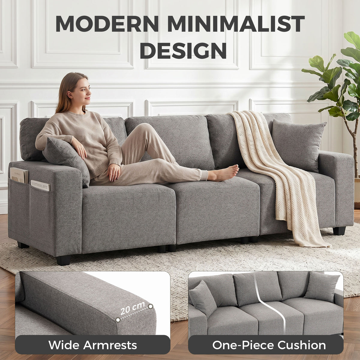 3 Seater Sofa, Linen-Look Fabric Upholstered Small Couch, Modern Sofa Settee with Storage Pockets, Pocket Springs and 2 Pillows for Living Room, Grey