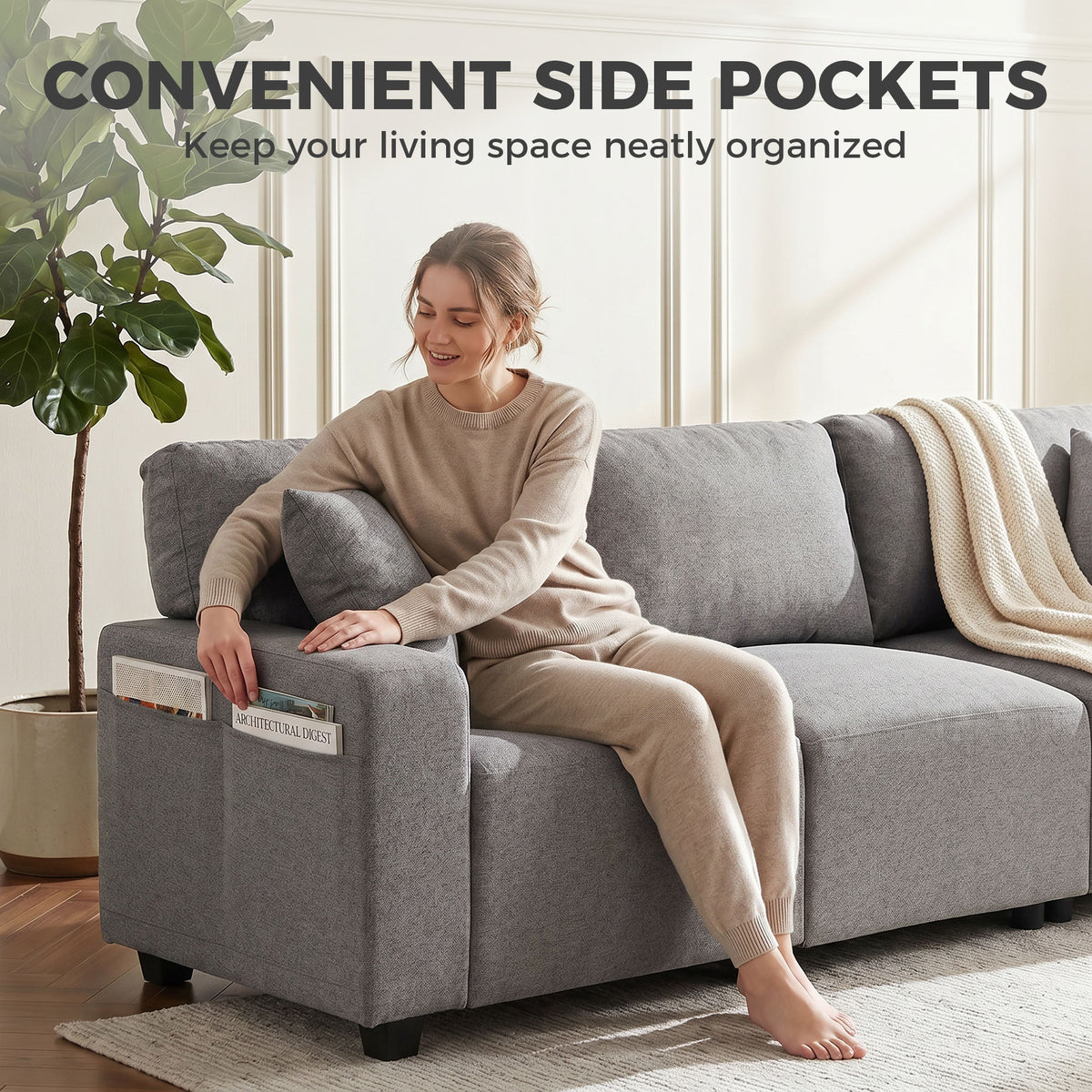 3 Seater Sofa, Linen-Look Fabric Upholstered Small Couch, Modern Sofa Settee with Storage Pockets, Pocket Springs and 2 Pillows for Living Room, Grey