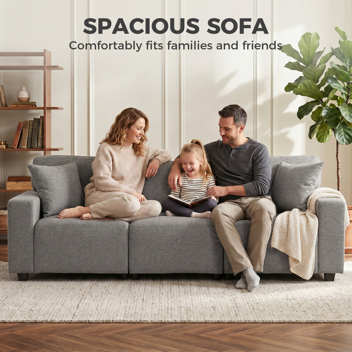 3 Seater Sofa, Linen-Look Fabric Upholstered Small Couch, Modern Sofa Settee with Storage Pockets, Pocket Springs and 2 Pillows for Living Room, Grey