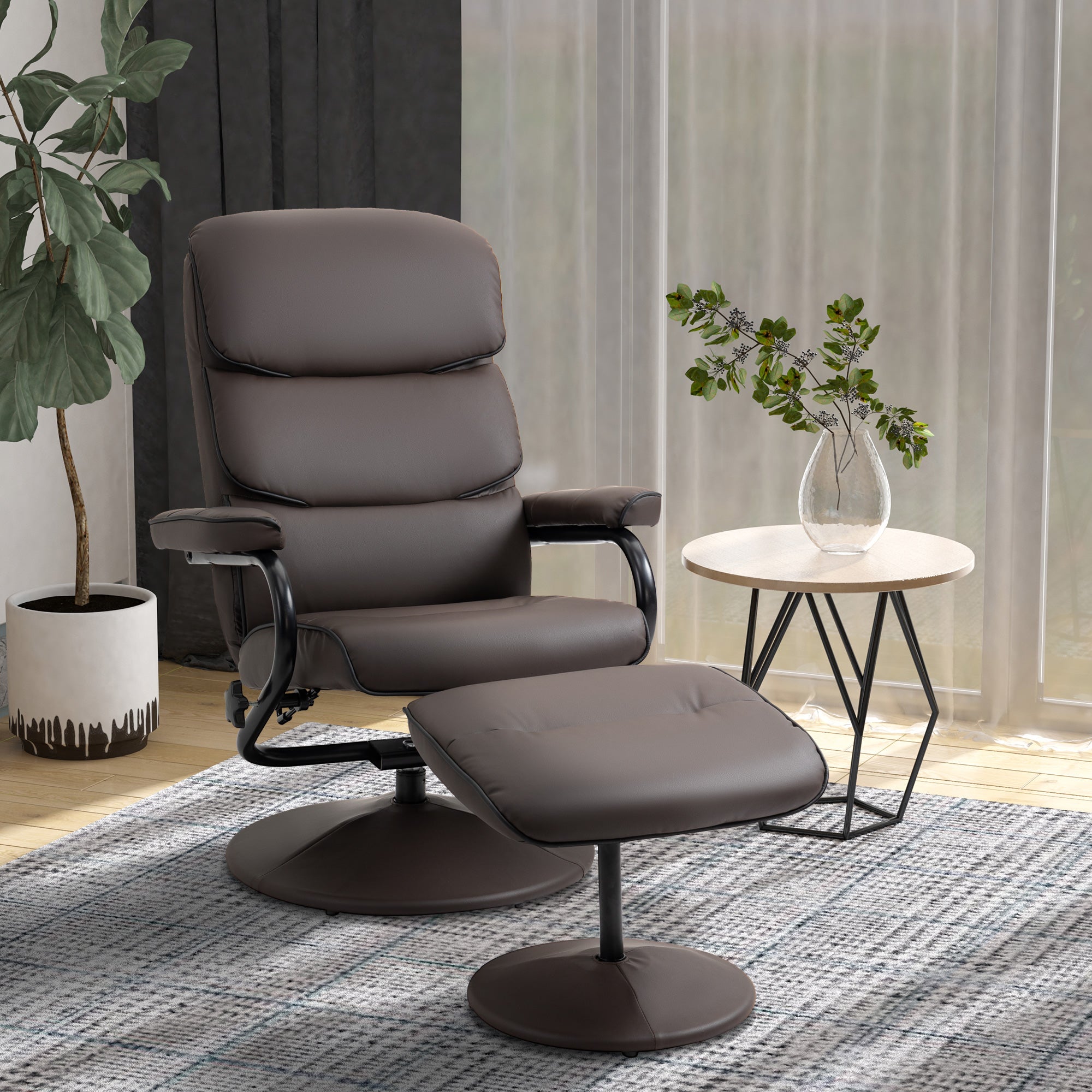 Recliner Chair with Ottoman, PU Leather Swivel High Back Armchair, Brown