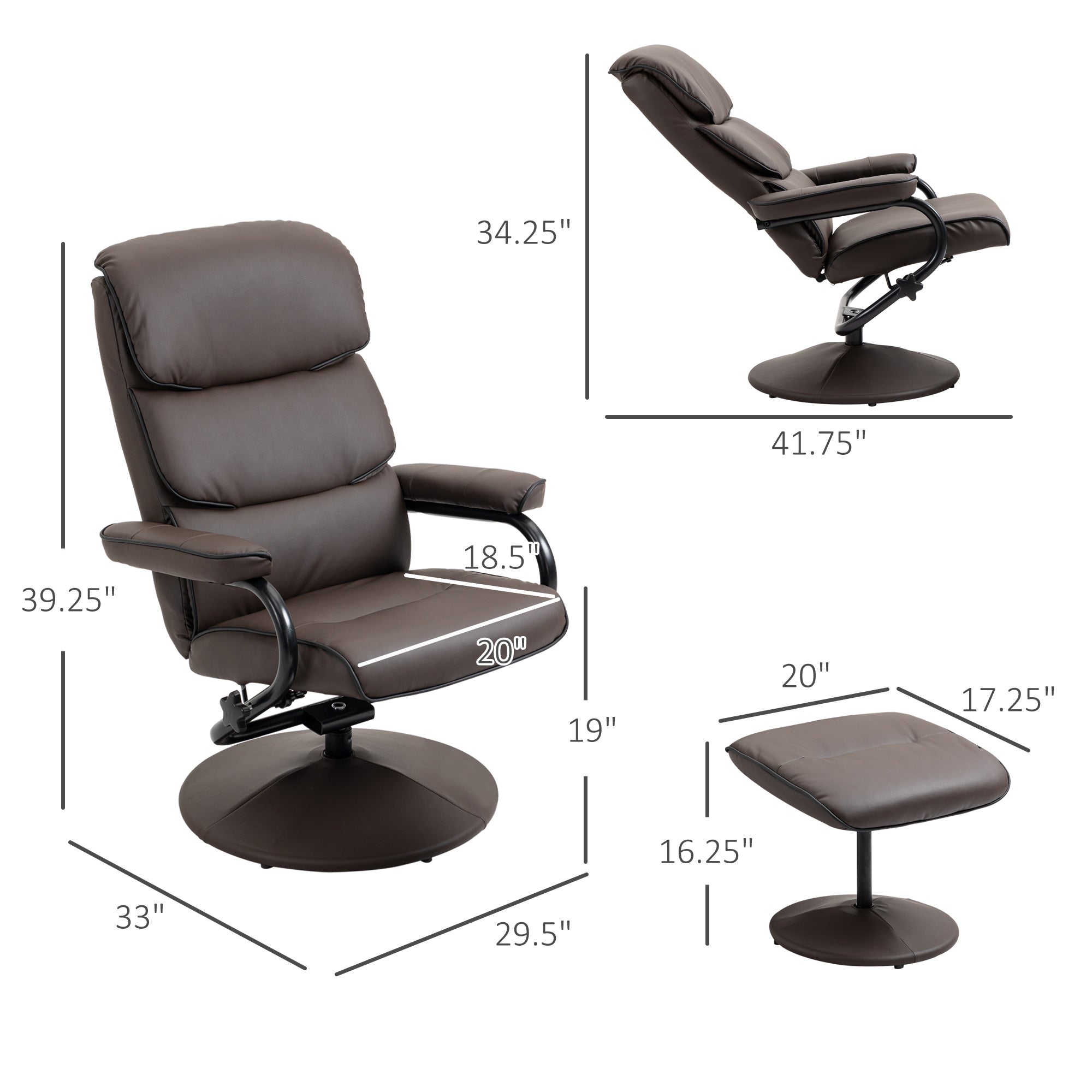 Recliner Chair with Ottoman, PU Leather Swivel High Back Armchair, Brown