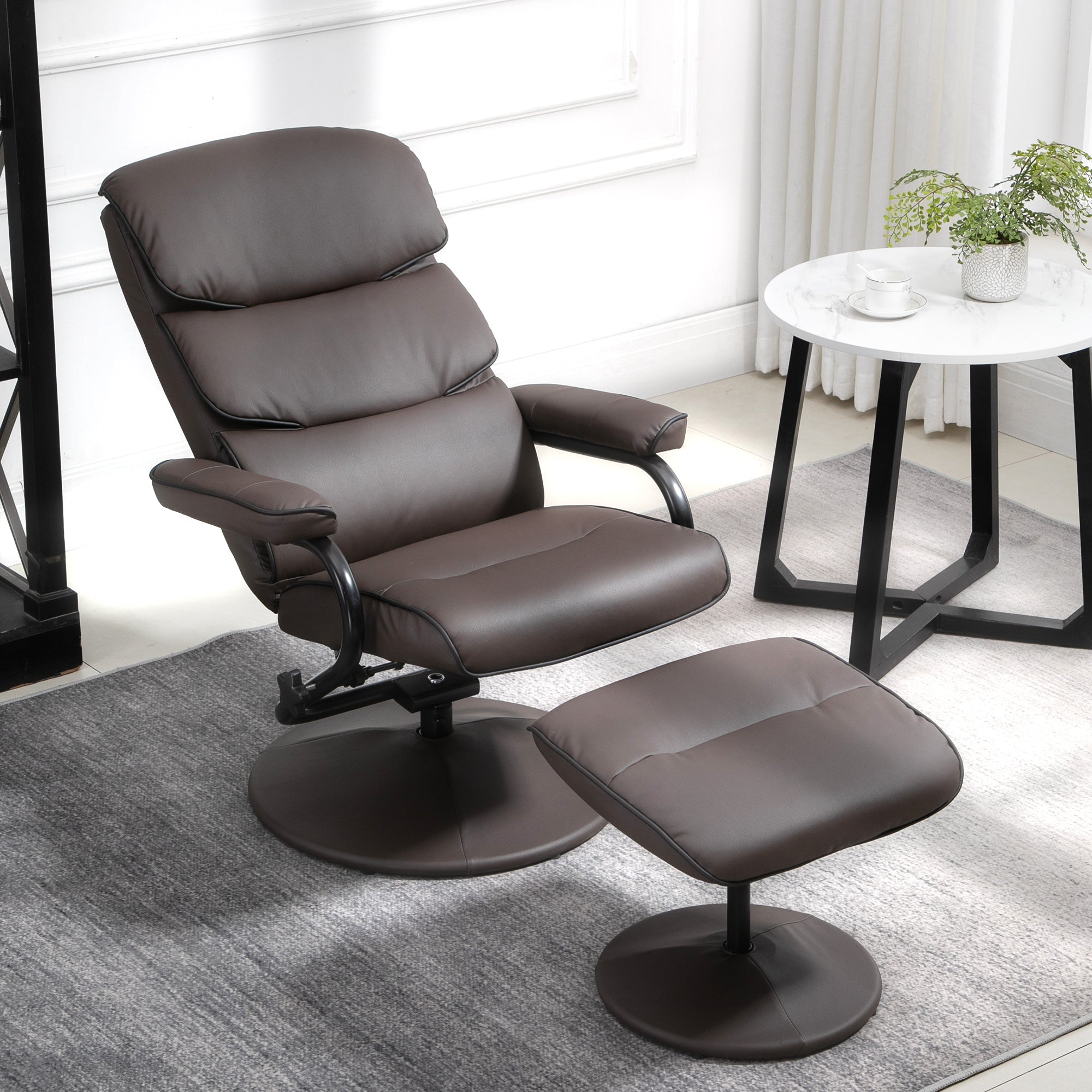 Recliner Chair with Ottoman, PU Leather Swivel High Back Armchair, Brown
