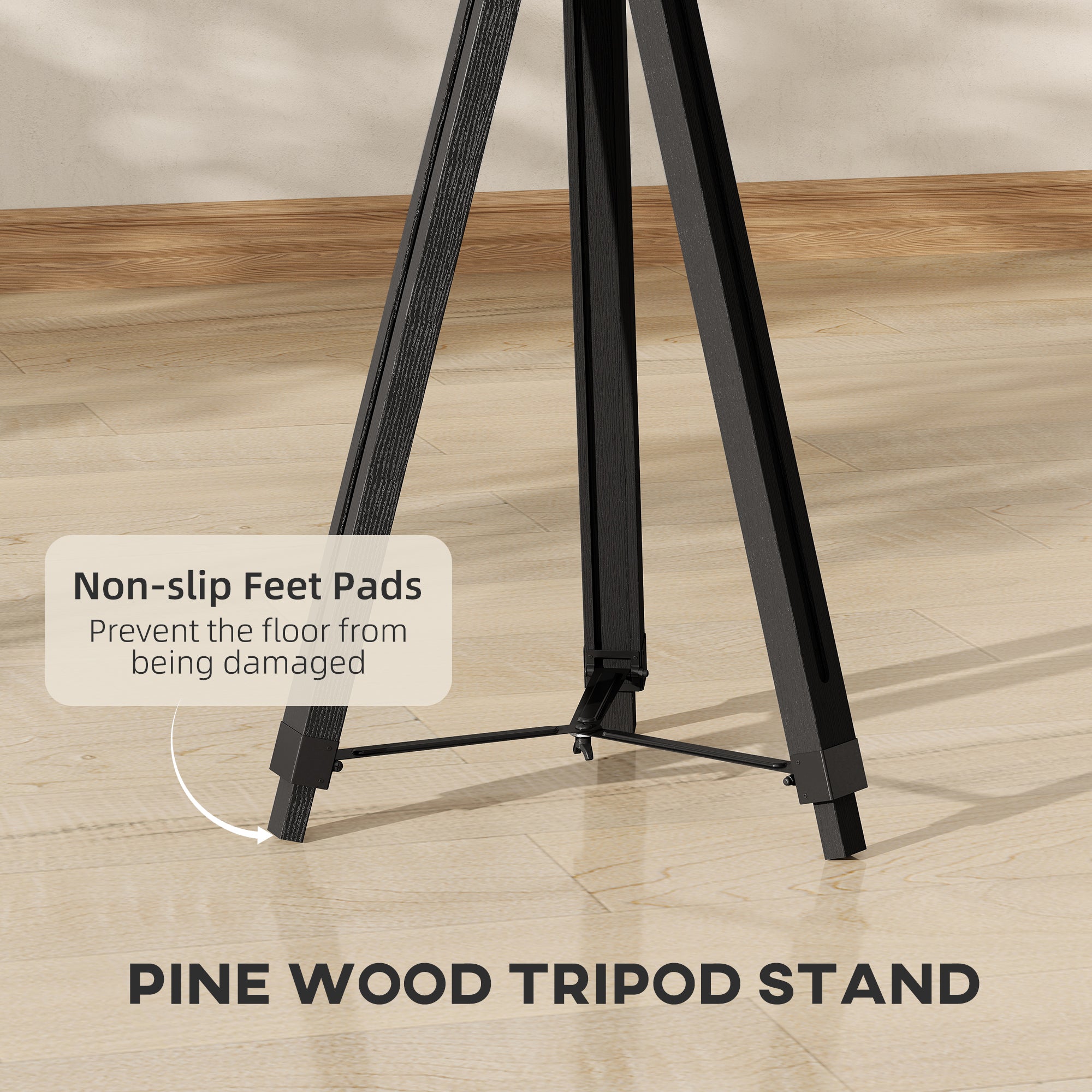 Industrial Tripod Floor Lamp, Nautical Searchlight with Adjustable Height, Wood Legs, E14 Lamp Base for Living Room, Bedroom, Black