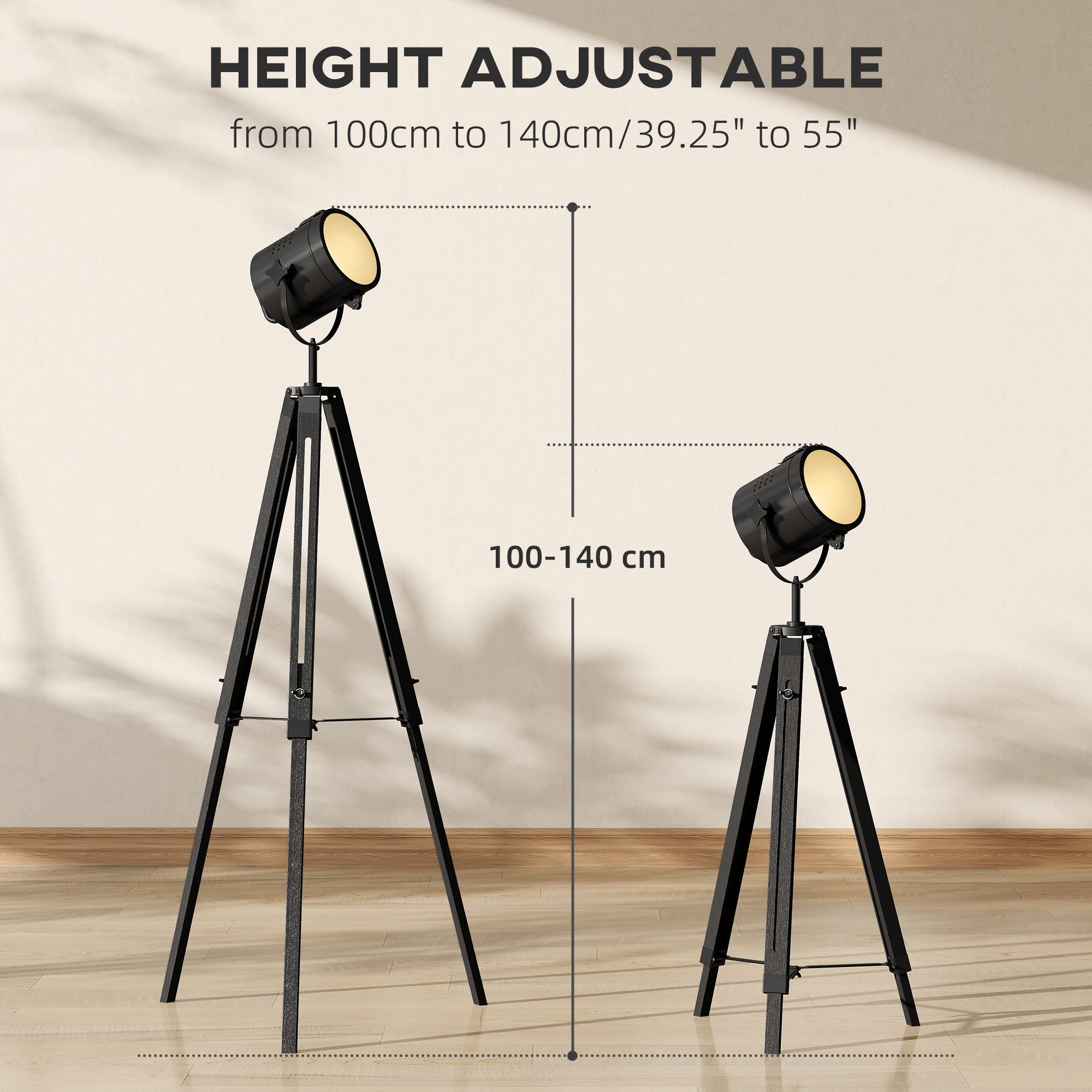 Industrial Tripod Floor Lamp, Nautical Searchlight with Adjustable Height, Wood Legs, E14 Lamp Base for Living Room, Bedroom, Black