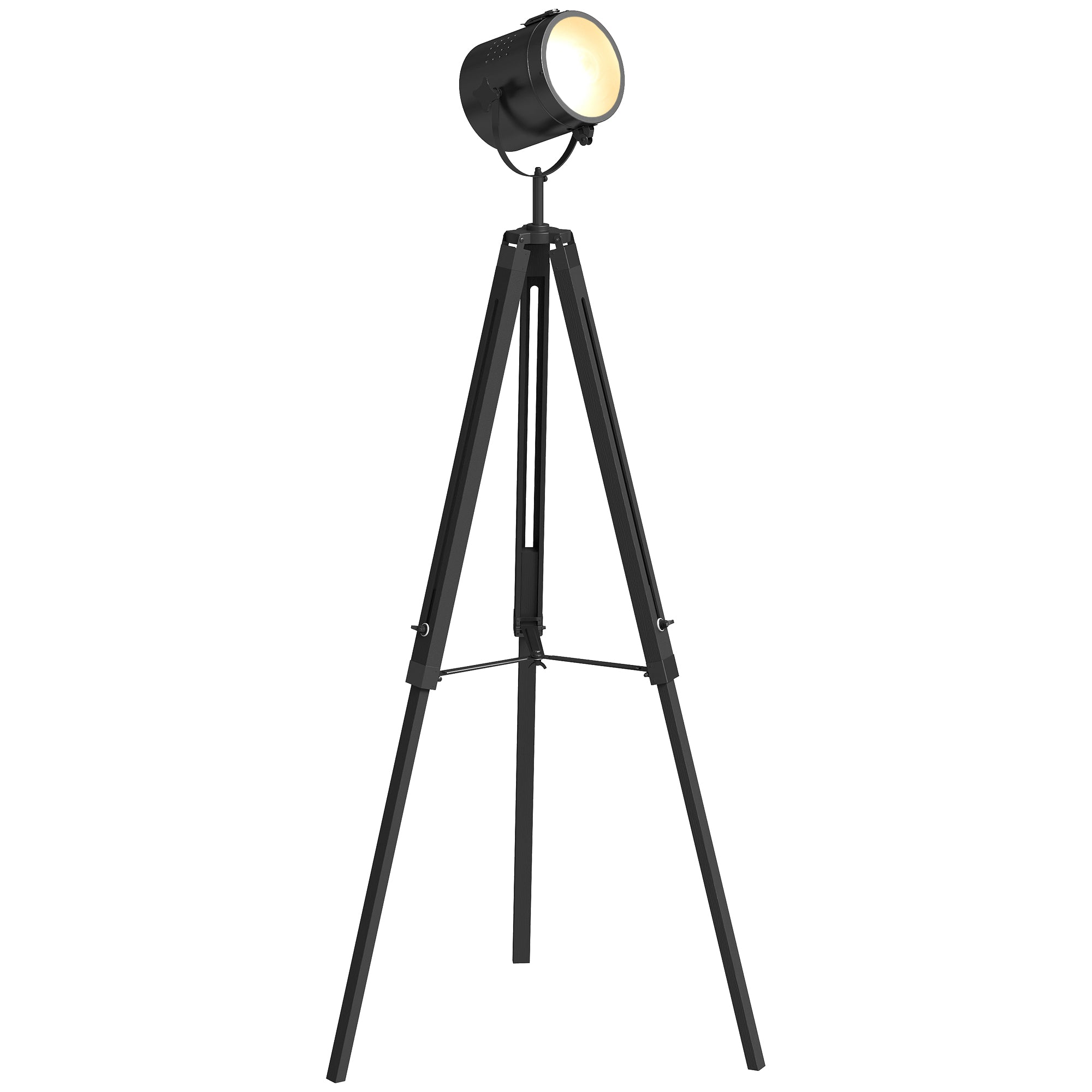 Industrial Tripod Floor Lamp, Nautical Searchlight with Adjustable Height, Wood Legs, E14 Lamp Base for Living Room, Bedroom, Black