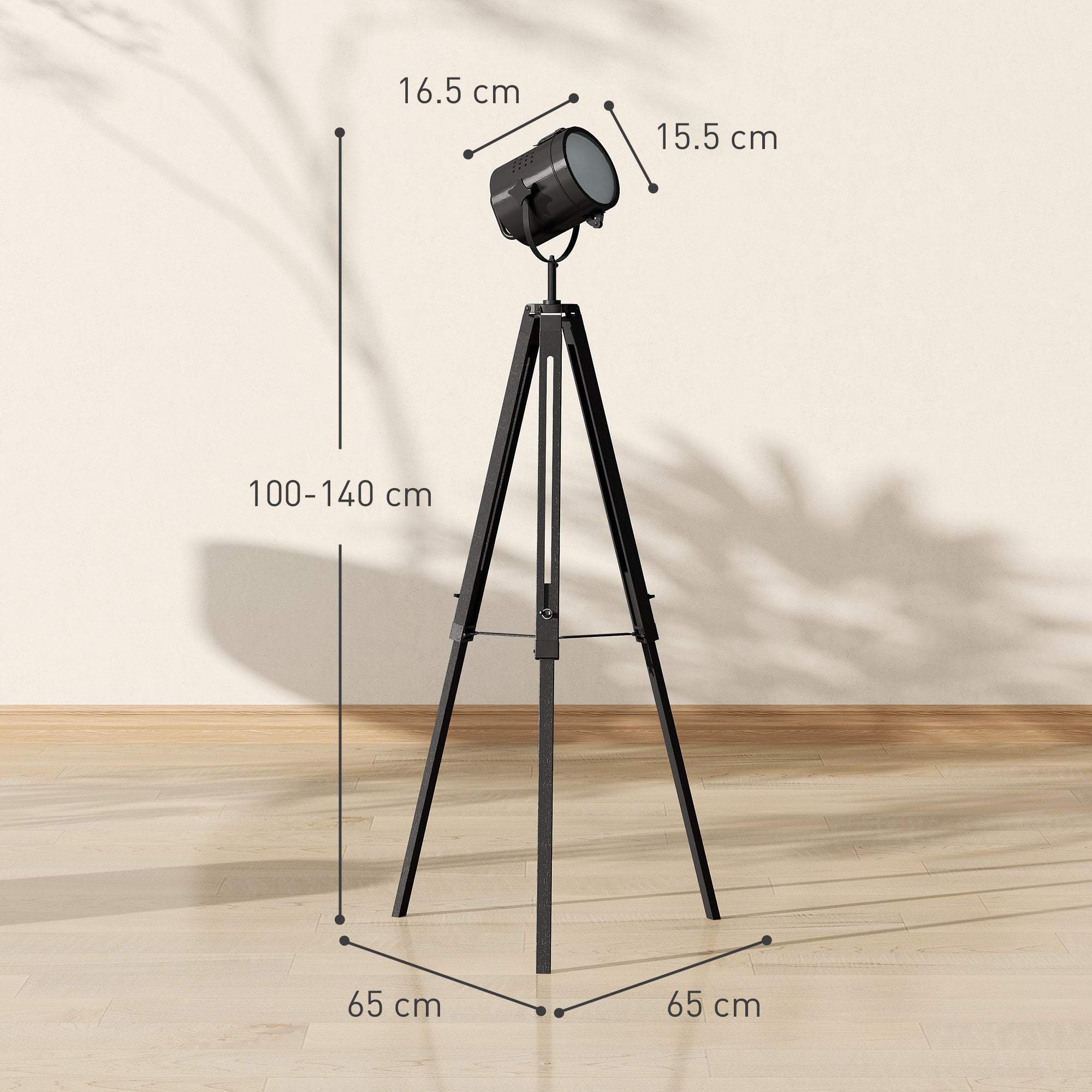 Industrial Tripod Floor Lamp, Nautical Searchlight with Adjustable Height, Wood Legs, E14 Lamp Base for Living Room, Bedroom, Black