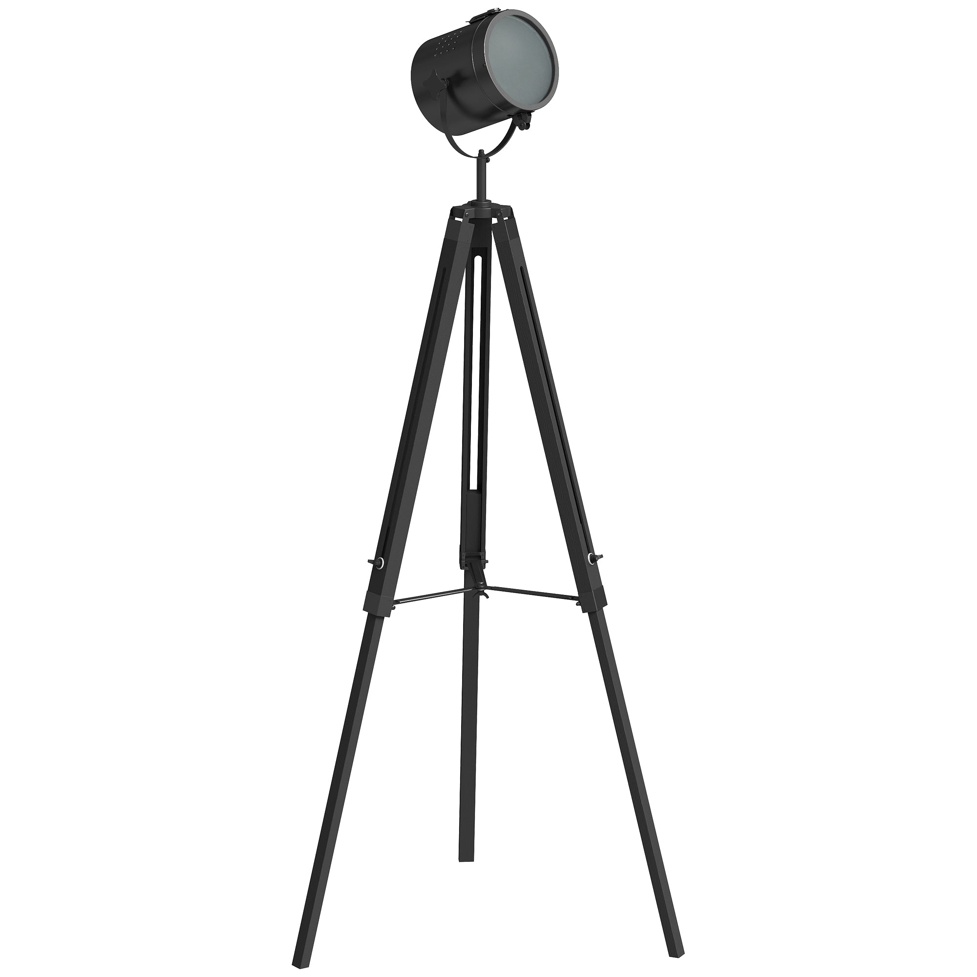 Industrial Tripod Floor Lamp, Nautical Searchlight with Adjustable Height, Wood Legs, E14 Lamp Base for Living Room, Bedroom, Black