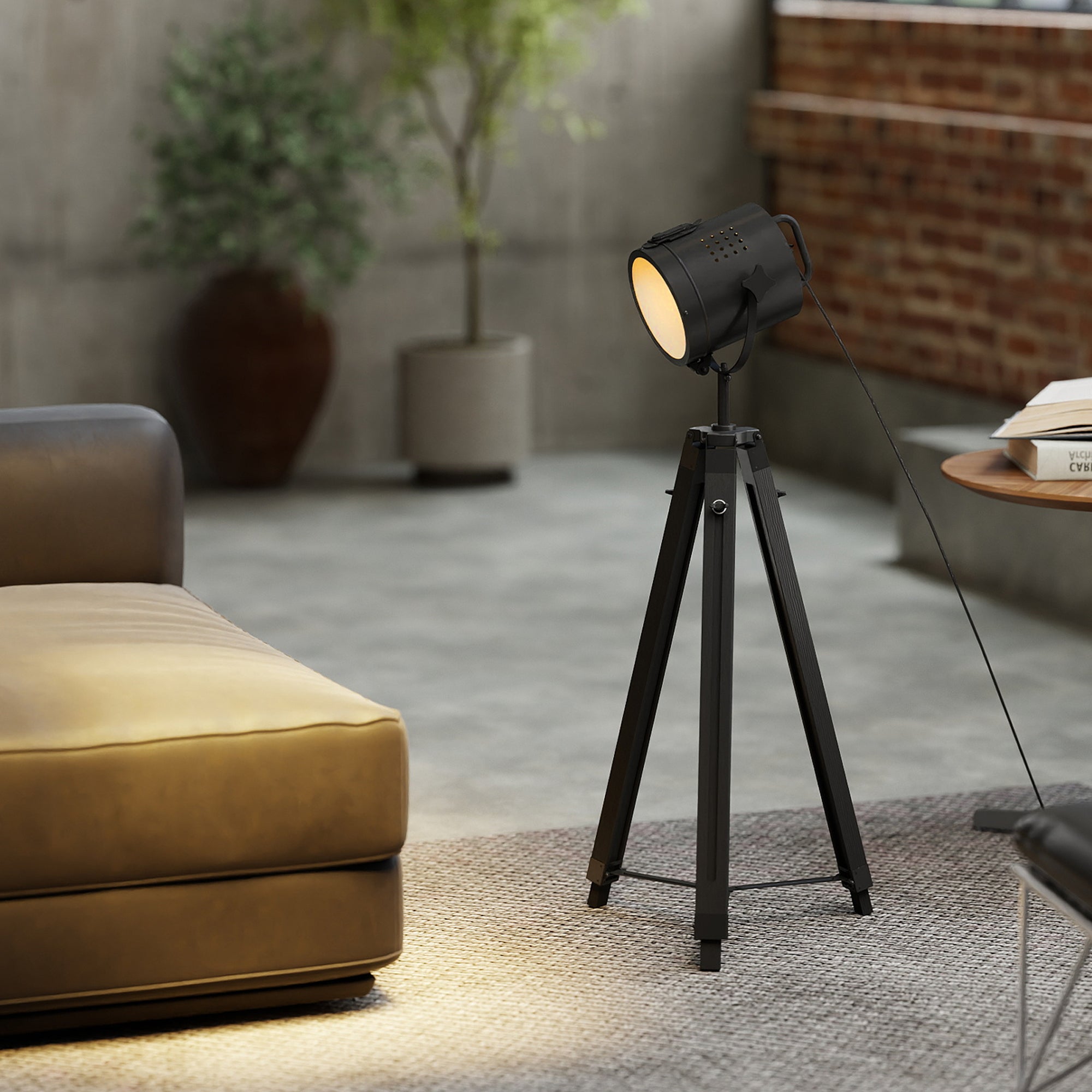 Industrial Tripod Floor Lamp, Nautical Searchlight with Adjustable Height, Wood Legs, E14 Lamp Base for Living Room, Bedroom, Black
