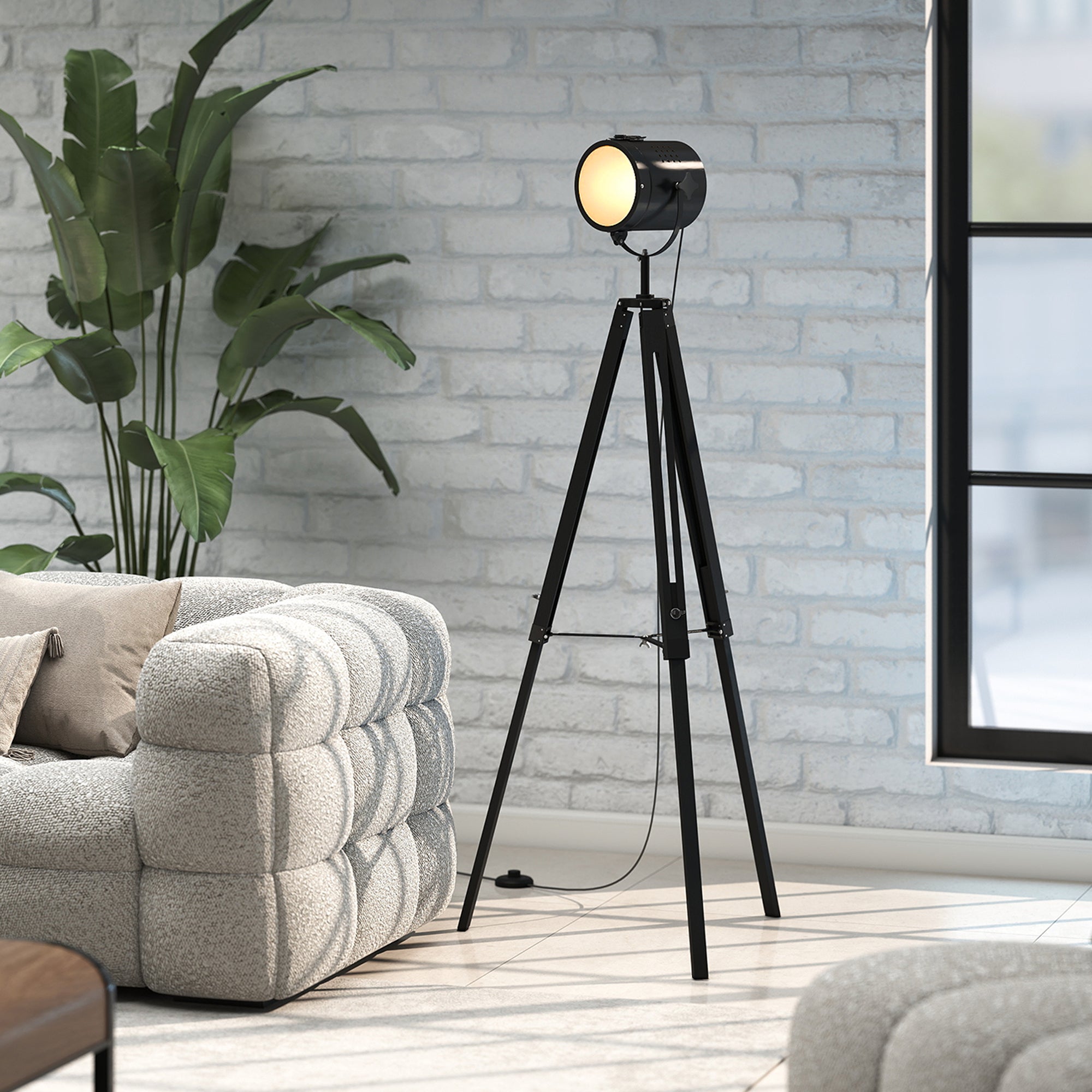 Industrial Tripod Floor Lamp, Nautical Searchlight with Adjustable Height, Wood Legs, E14 Lamp Base for Living Room, Bedroom, Black
