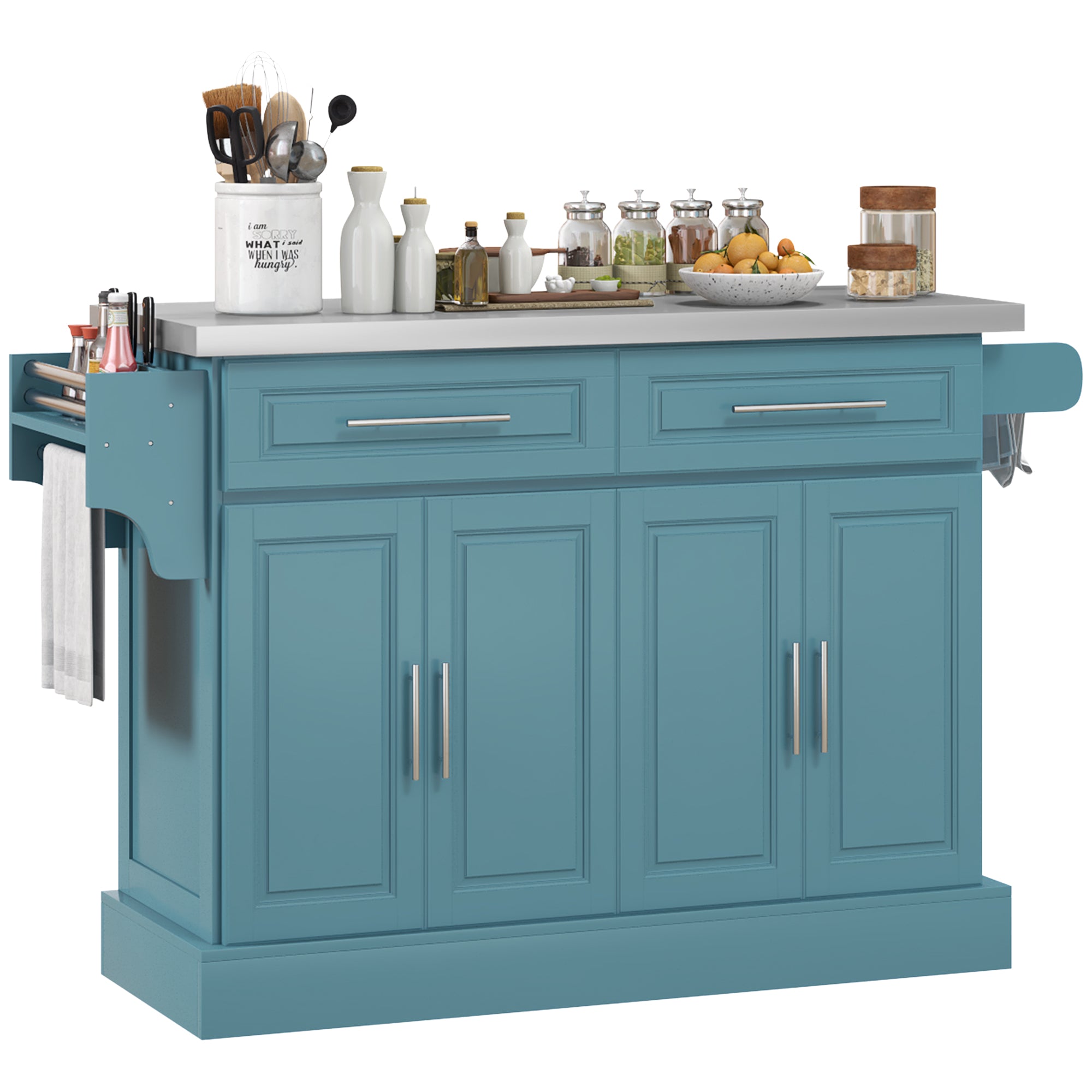 36" Stainless Steel Top Kitchen Island with Storage Drawers, Racks & Cabinets, Teal Blue