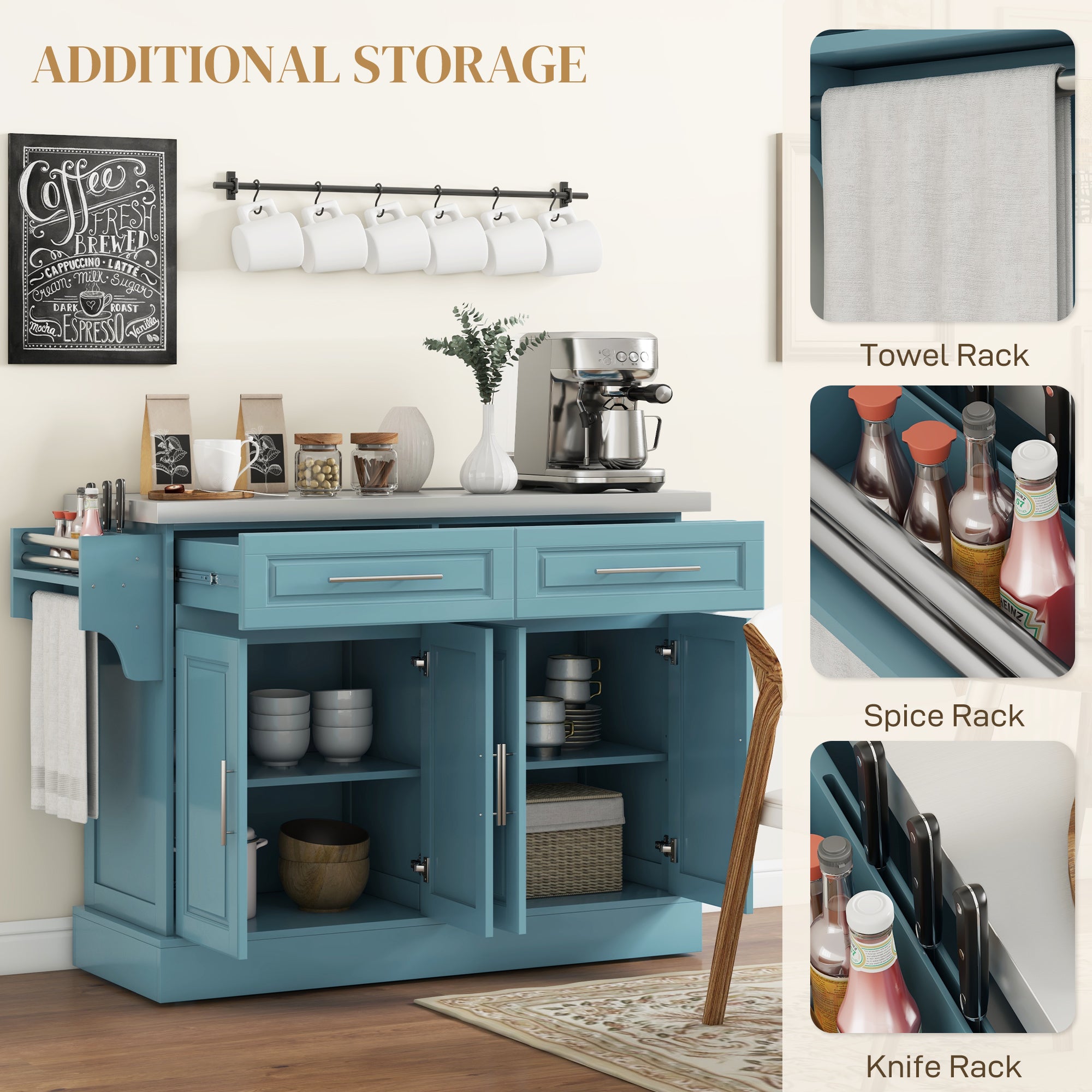 36" Stainless Steel Top Kitchen Island with Storage Drawers, Racks & Cabinets, Teal Blue