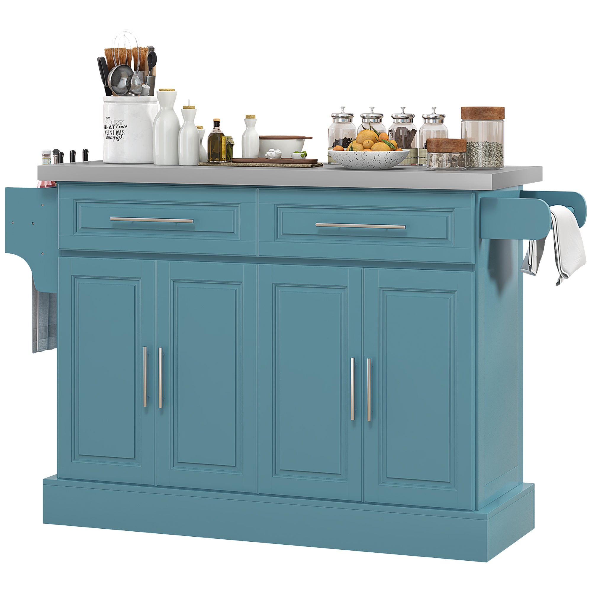 36" Stainless Steel Top Kitchen Island with Storage Drawers, Racks & Cabinets, Teal Blue