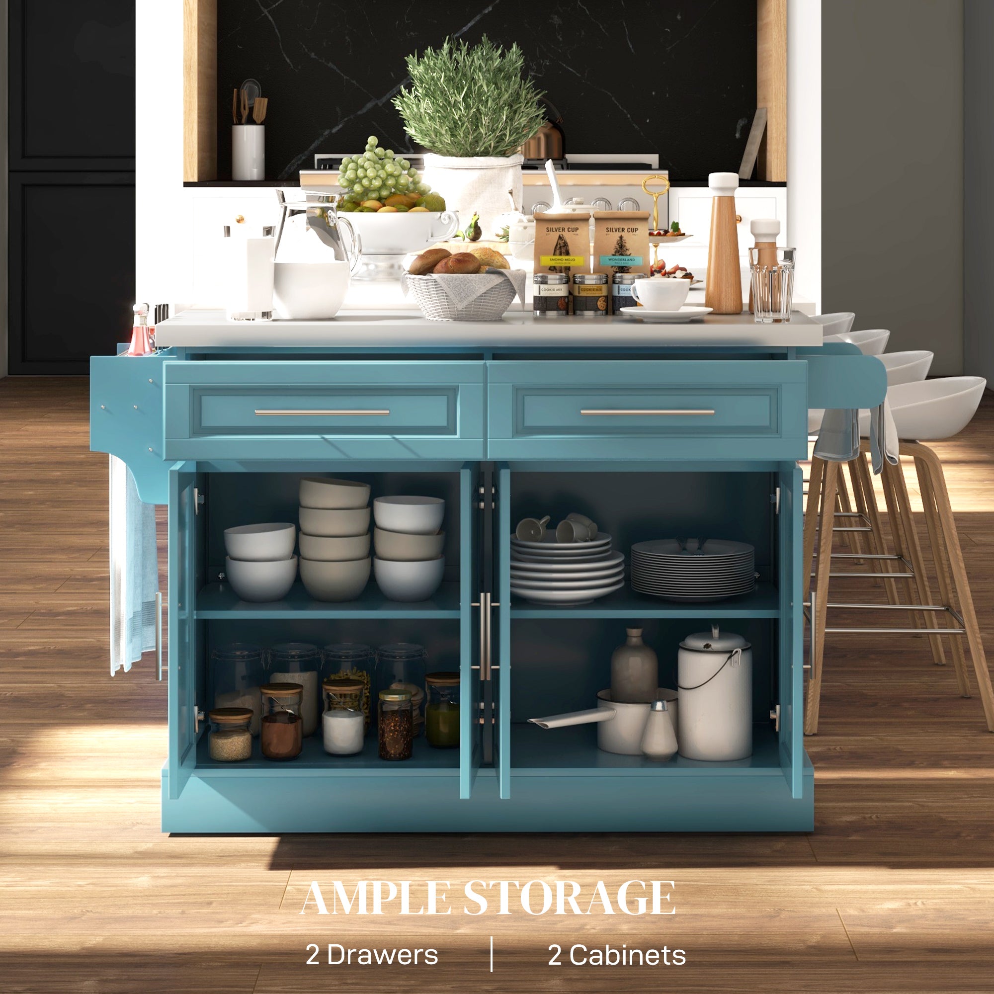 36" Stainless Steel Top Kitchen Island with Storage Drawers, Racks & Cabinets, Teal Blue