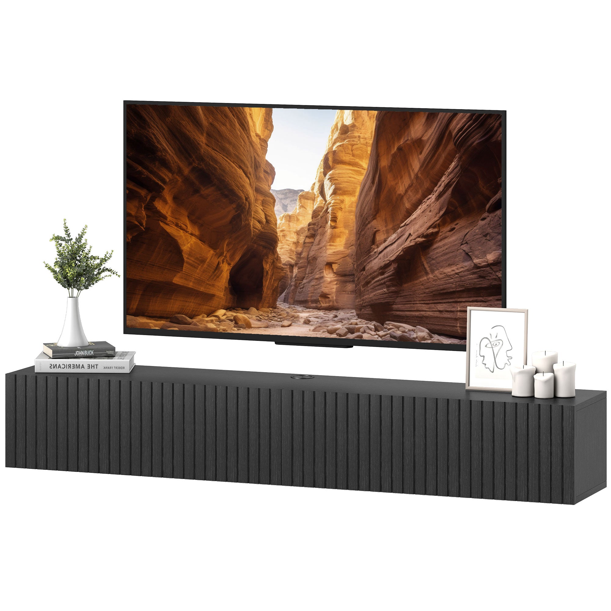 Floating TV Unit for Television up to 72 Inch, 180cm Wall Mount TV Stand Cabinet with Fluted Flip-Down Doors, Cable Management Hole, Entertainment Media Console for Living Room, Bedroom, Black