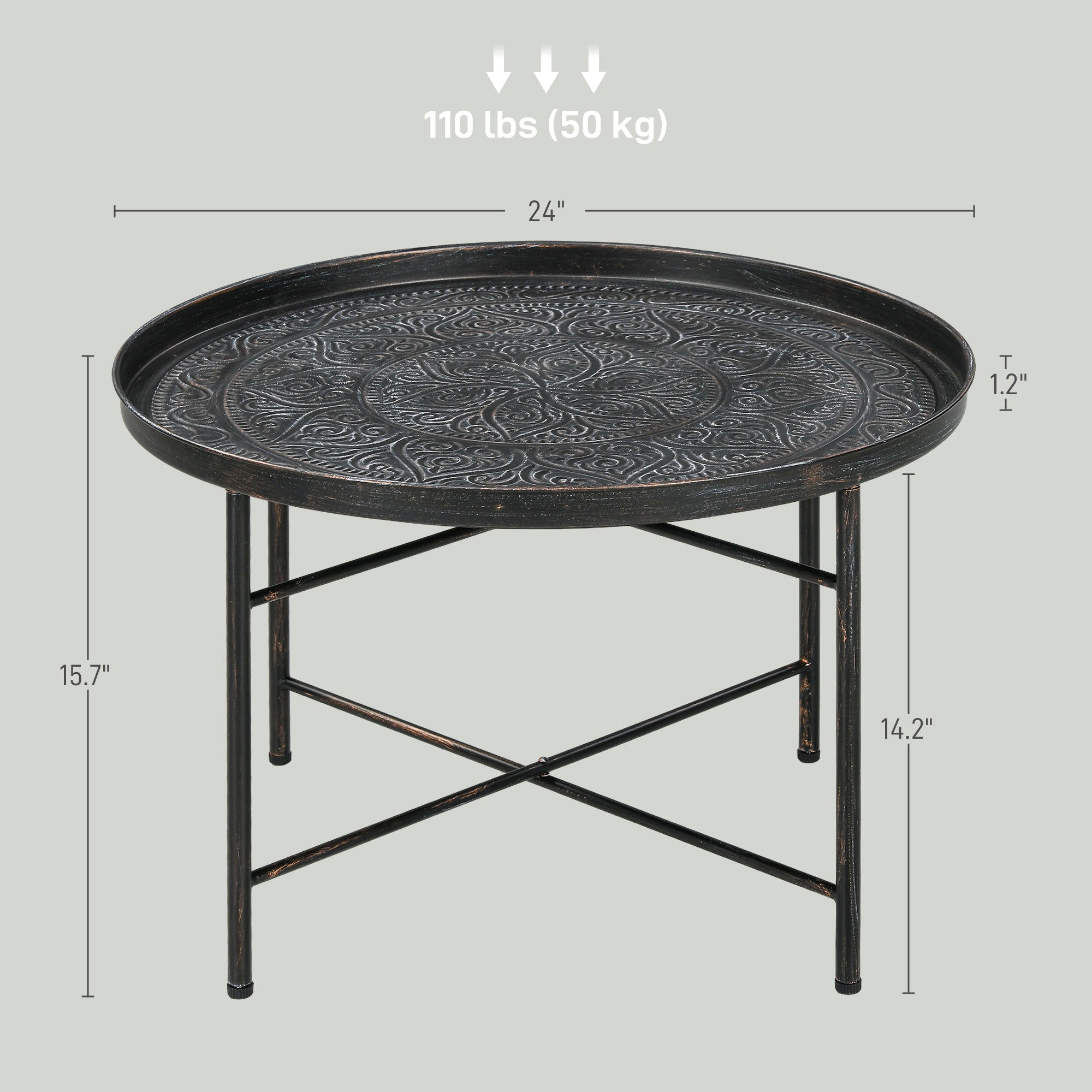 24" Round Center Table with Hammered Tray Top and Metal Frame for Bedroom, Pewter