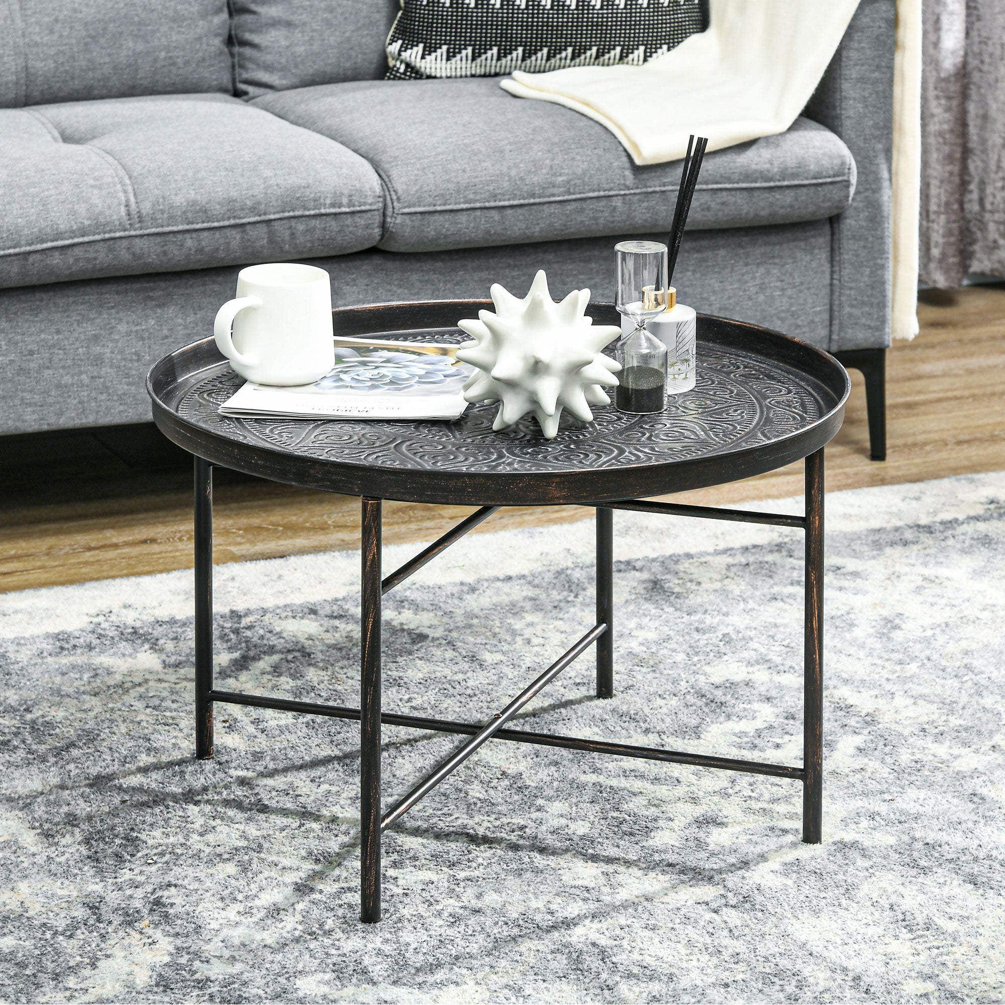 24" Round Center Table with Hammered Tray Top and Metal Frame for Bedroom, Pewter