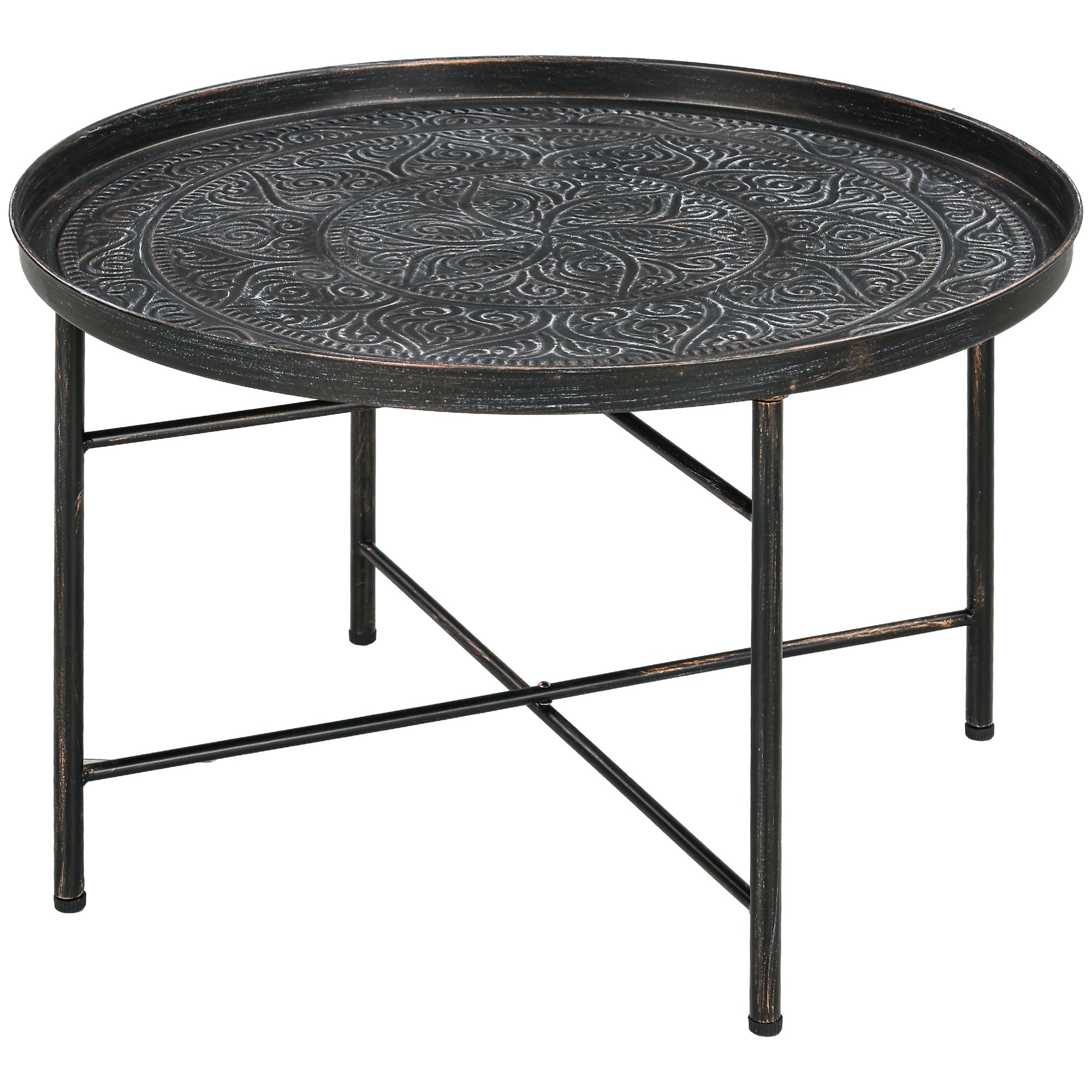 24" Round Center Table with Hammered Tray Top and Metal Frame for Bedroom, Pewter