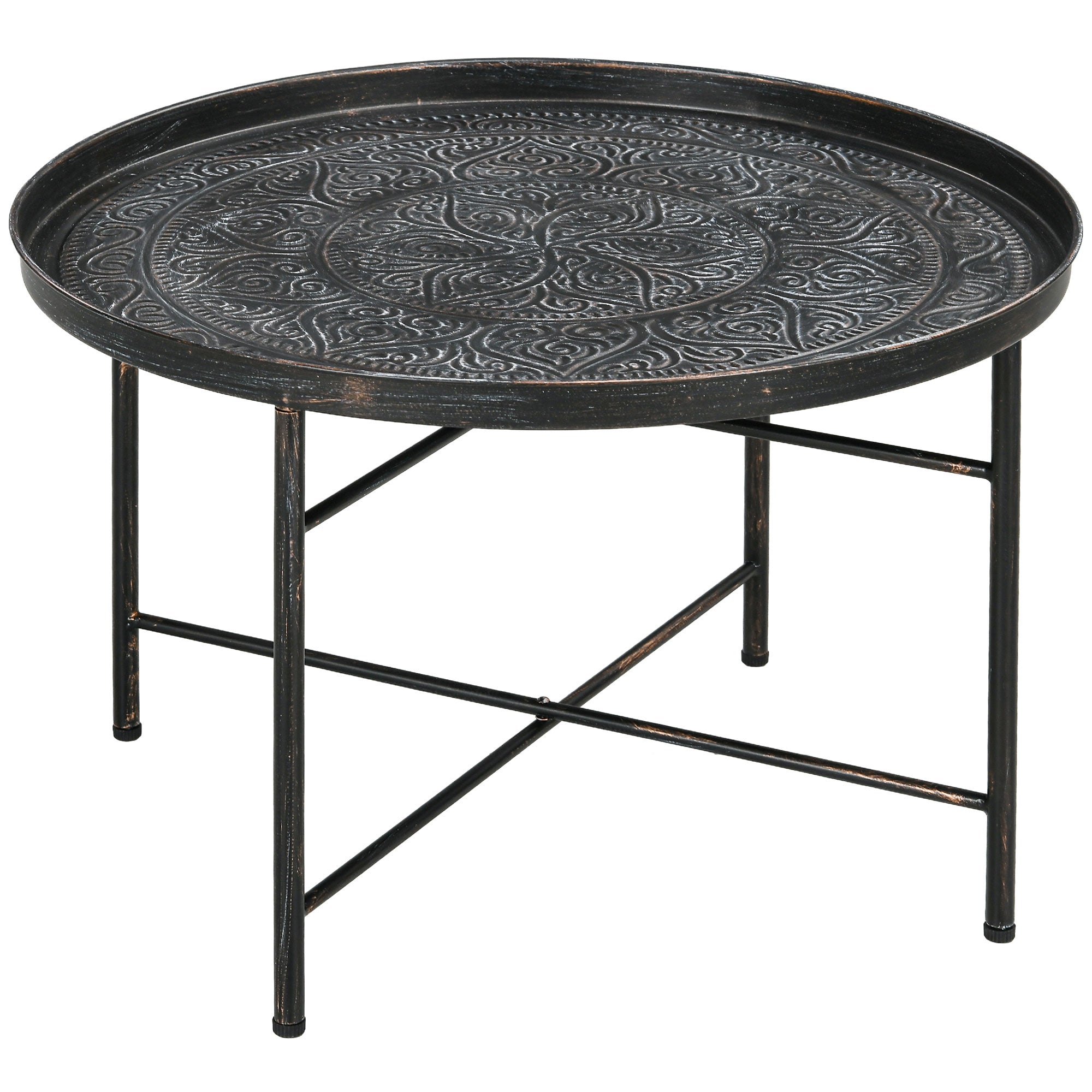 24" Round Center Table with Hammered Tray Top and Metal Frame for Bedroom, Pewter