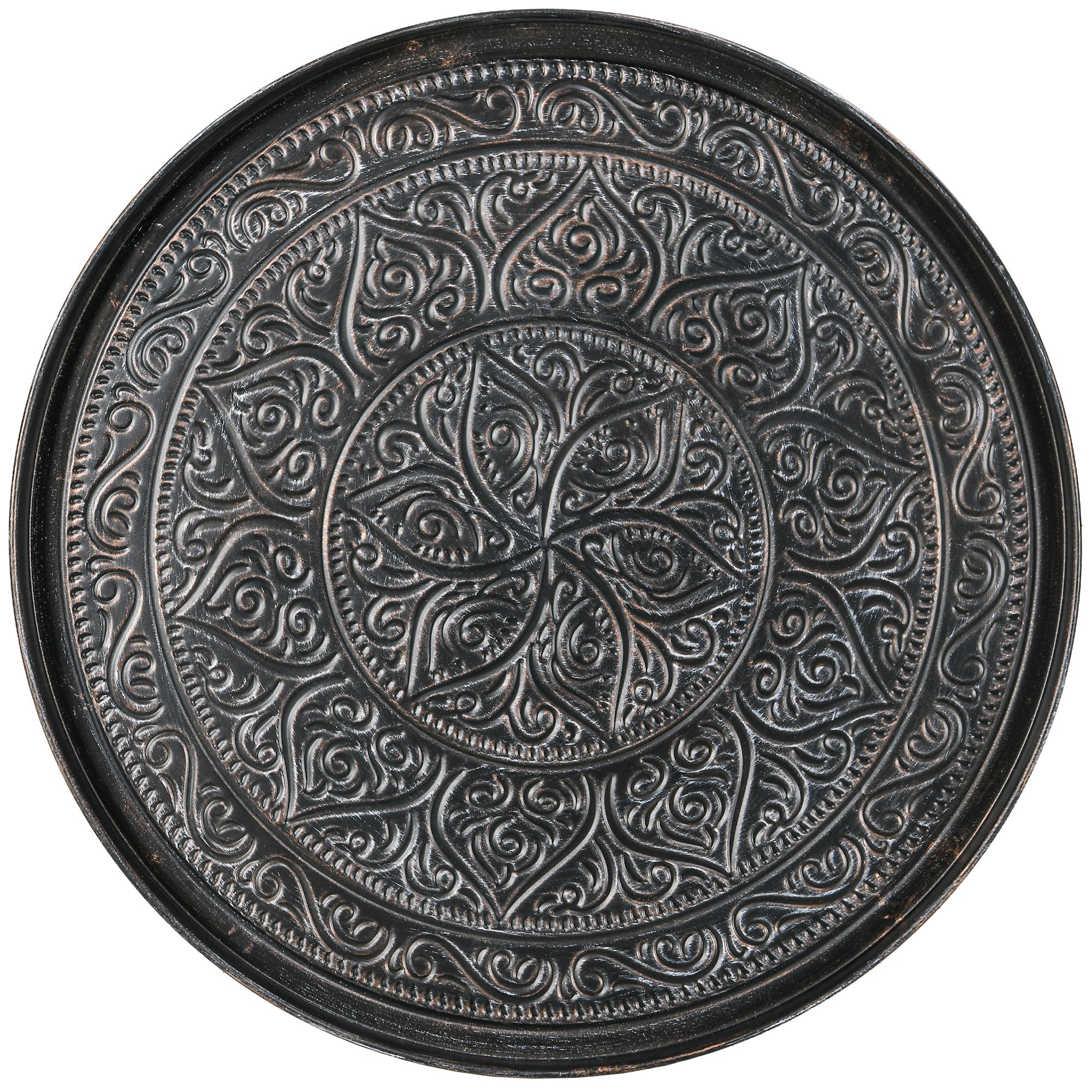 24" Round Center Table with Hammered Tray Top and Metal Frame for Bedroom, Pewter