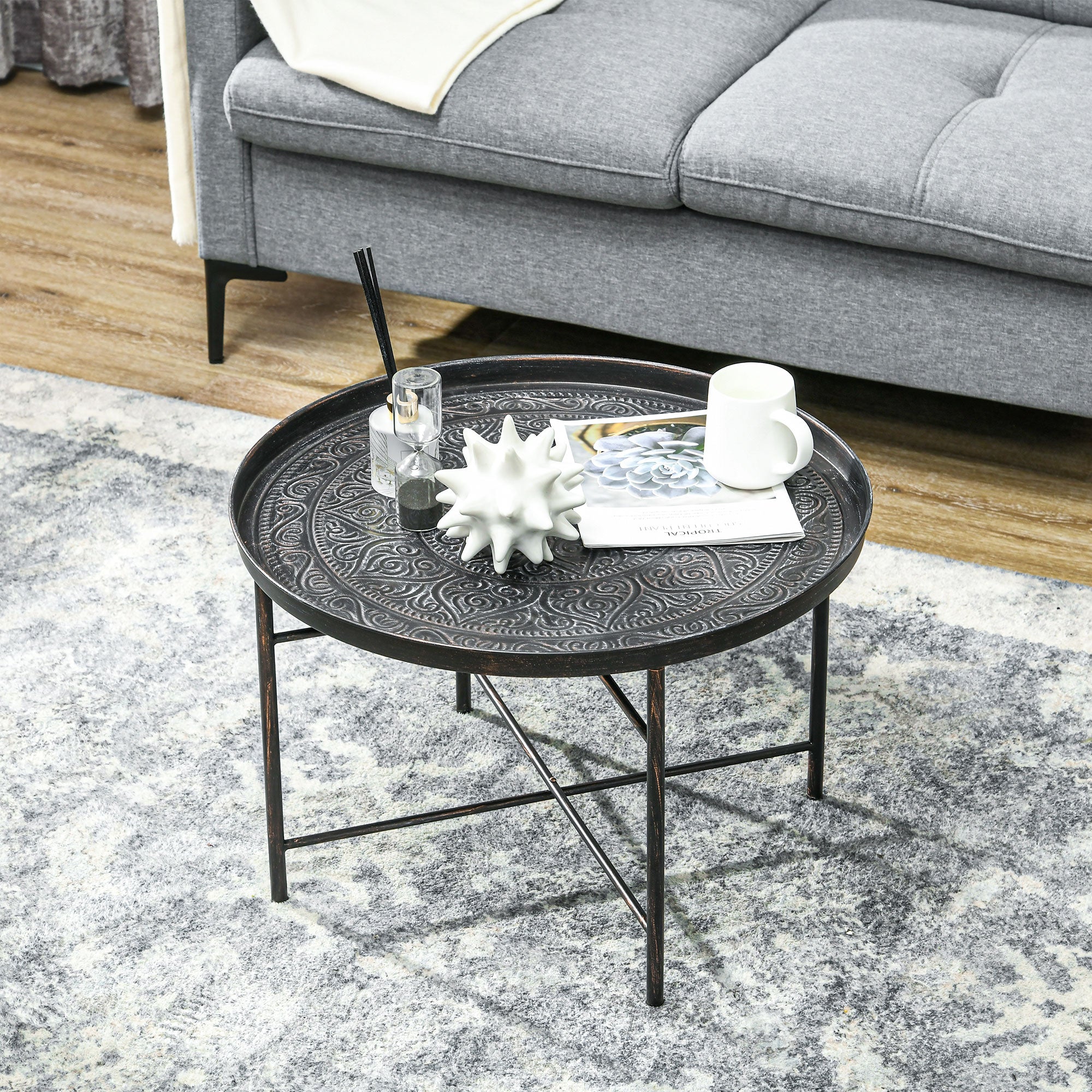 24" Round Center Table with Hammered Tray Top and Metal Frame for Bedroom, Pewter