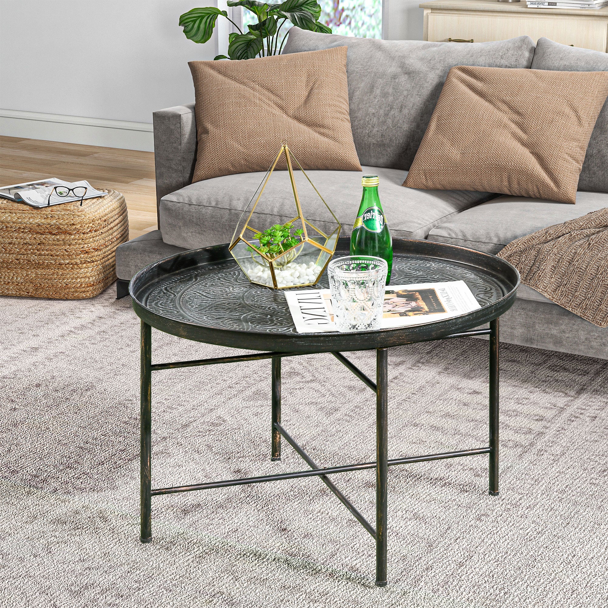 24" Round Center Table with Hammered Tray Top and Metal Frame for Bedroom, Pewter
