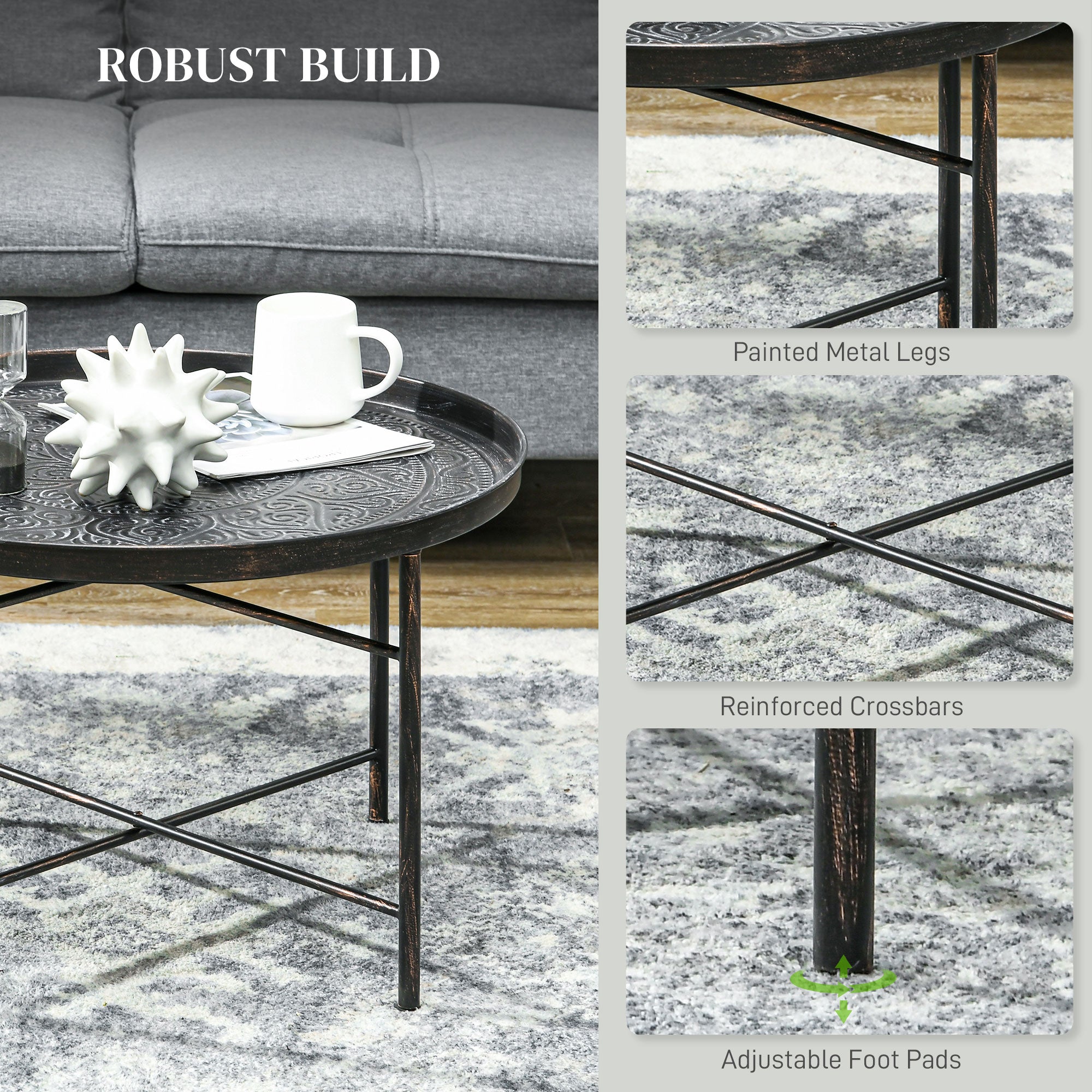 24" Round Center Table with Hammered Tray Top and Metal Frame for Bedroom, Pewter