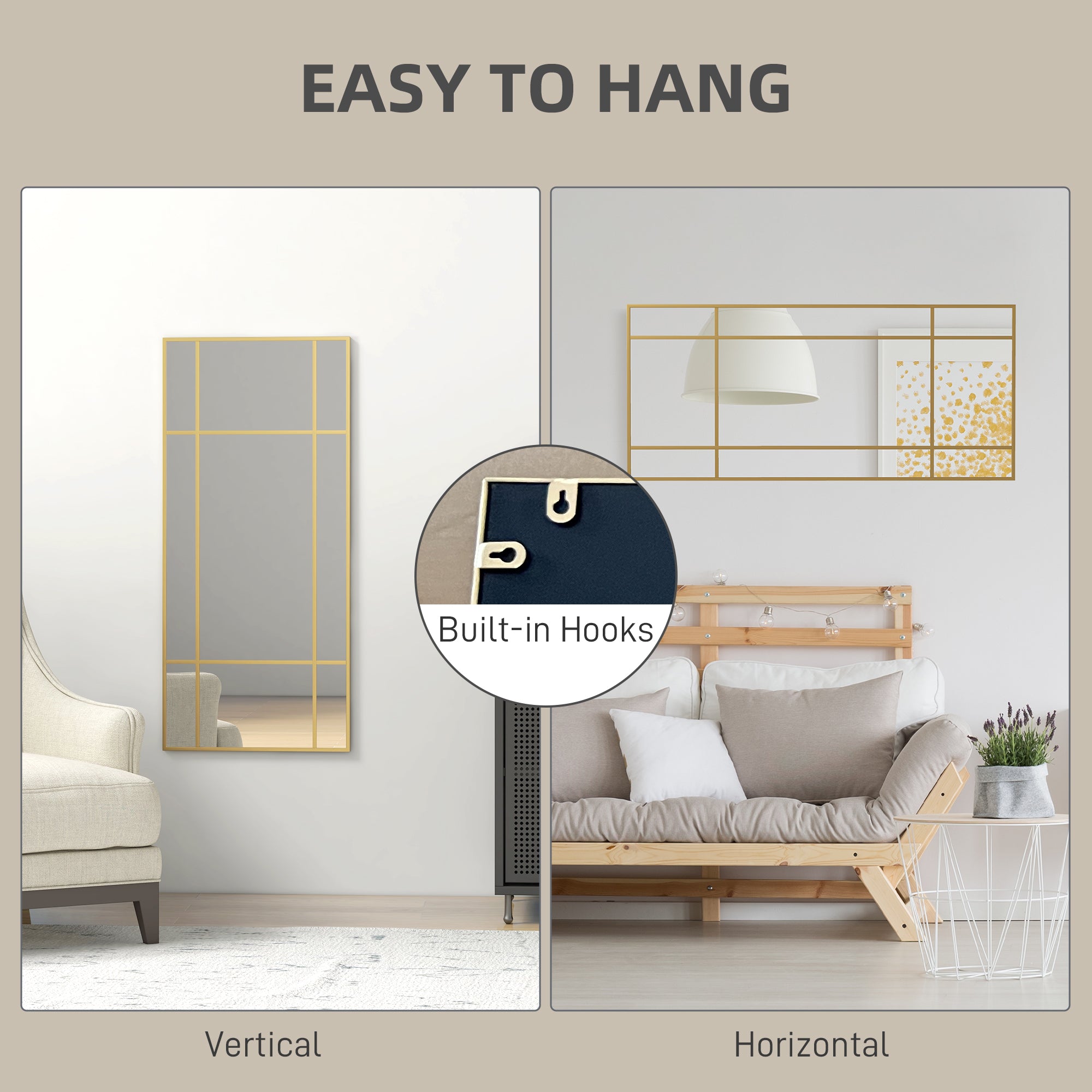 HOMCOM Rectangle Wall Mirror, 110 x 50cm Window Style Vanity Mirror with Metal Frame, Decorative Hanging Mirror for Living Room, Bedroom, Entryway, Vertical or Horizontal, Gold Tone