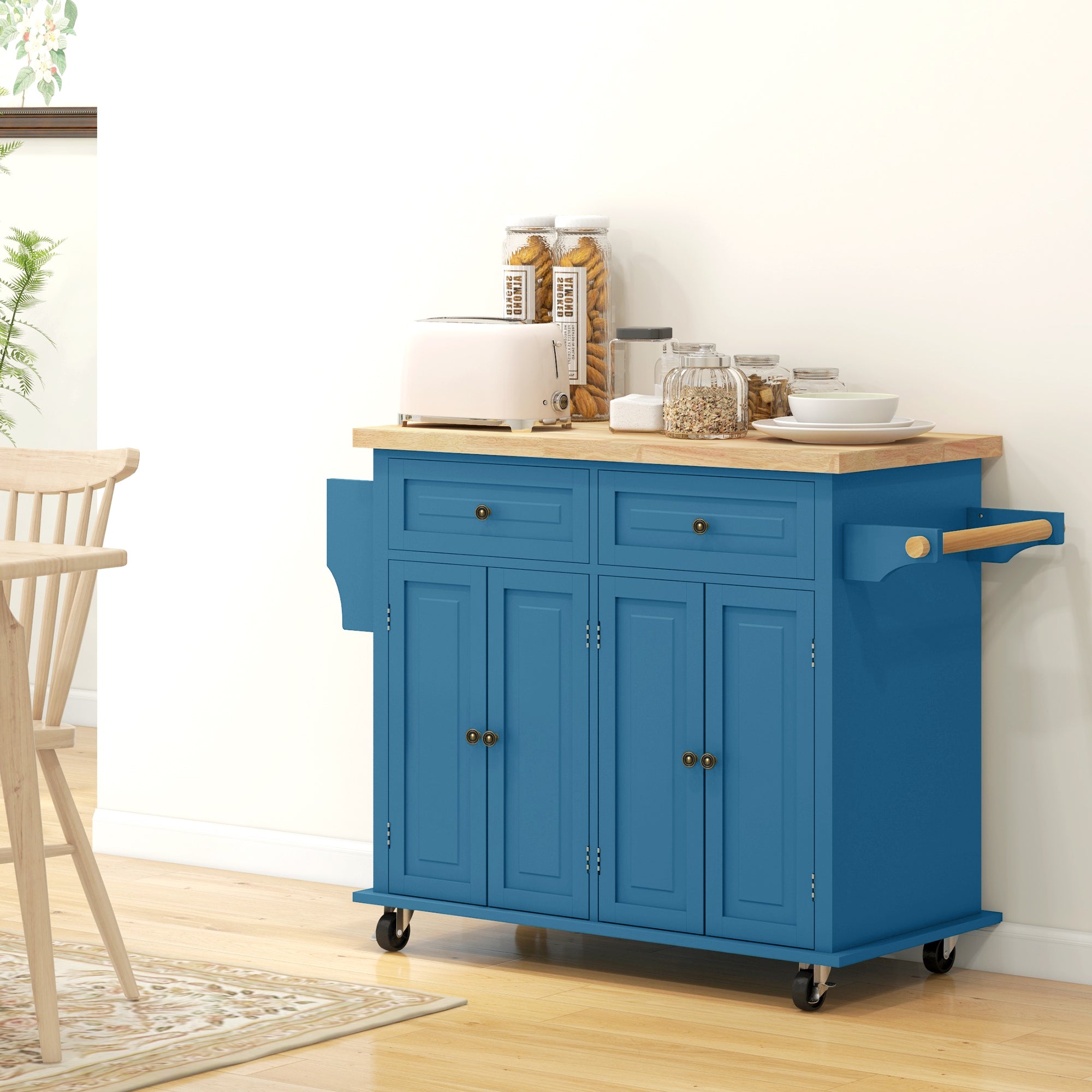 Kitchen Island on Wheels, Rolling Cart w/ Rubberwood Top, Spice Rack & Drawers, Turquoise