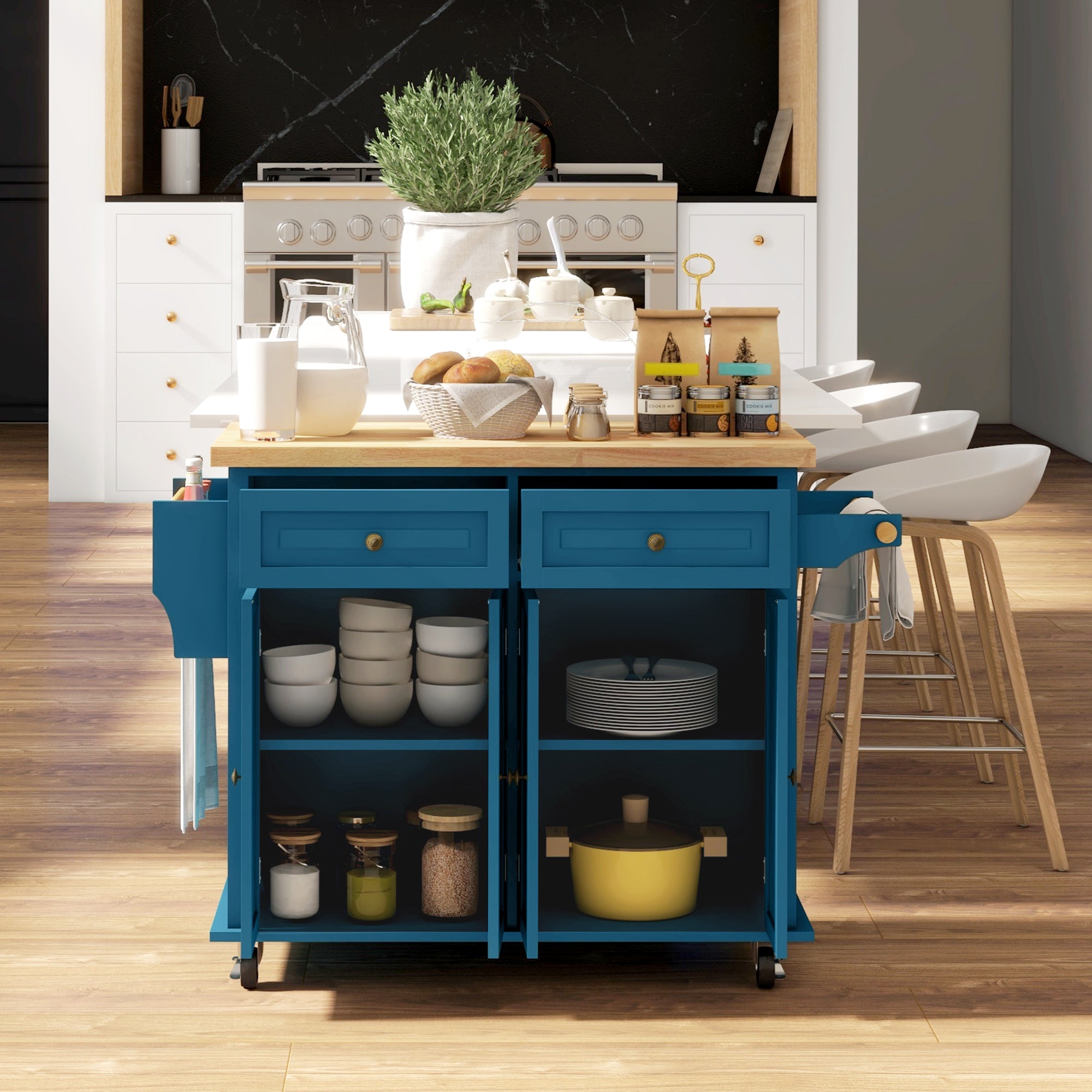Kitchen Island on Wheels, Rolling Cart w/ Rubberwood Top, Spice Rack & Drawers, Turquoise