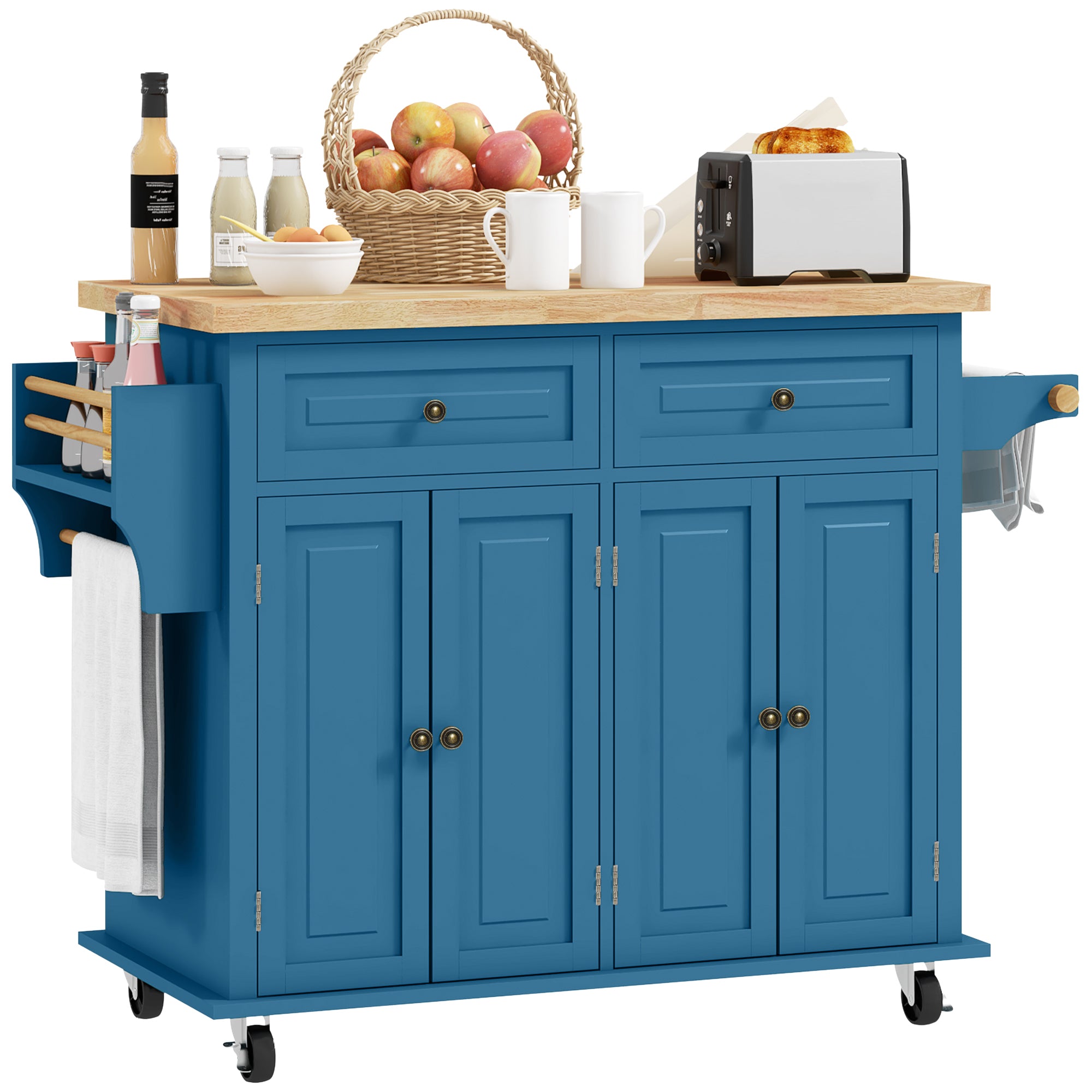 Kitchen Island Cart with Rubber Wood Top, Rolling Kitchen Island Table on Wheels with Drawers, Adjustable Shelves, Spice Rack and Towel Rack for Dining Room, Blue