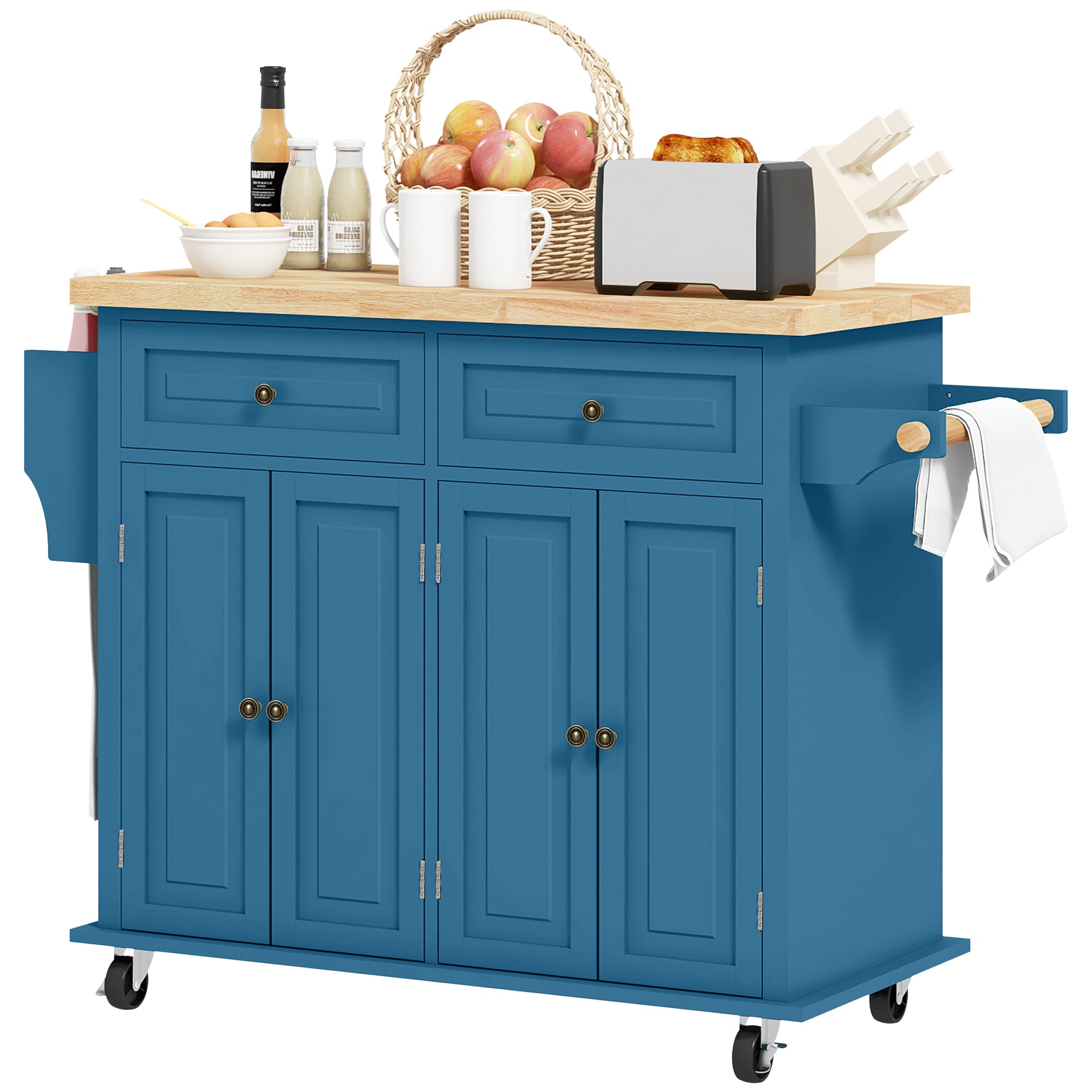 Kitchen Island on Wheels, Rolling Cart w/ Rubberwood Top, Spice Rack & Drawers, Turquoise