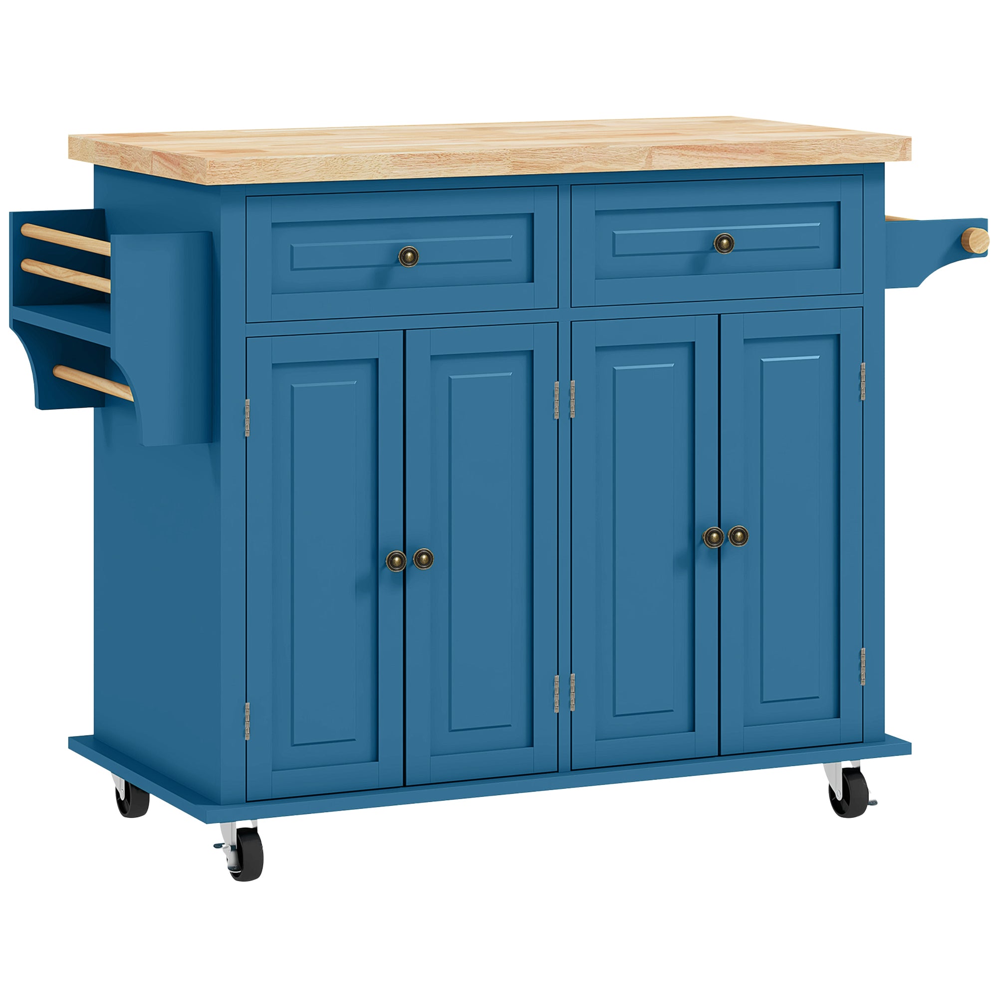 Kitchen Island Cart with Rubber Wood Top, Rolling Kitchen Island Table on Wheels with Drawers, Adjustable Shelves, Spice Rack and Towel Rack for Dining Room, Blue