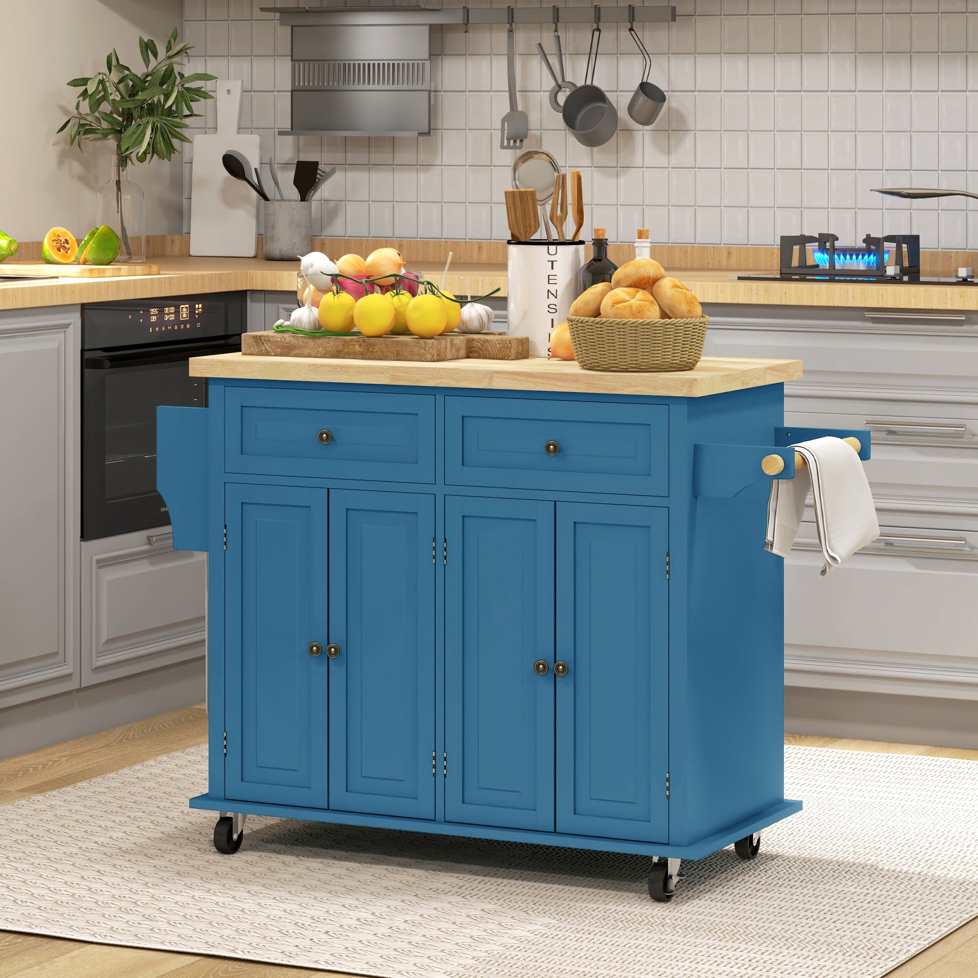 Kitchen Island on Wheels, Rolling Cart w/ Rubberwood Top, Spice Rack & Drawers, Turquoise