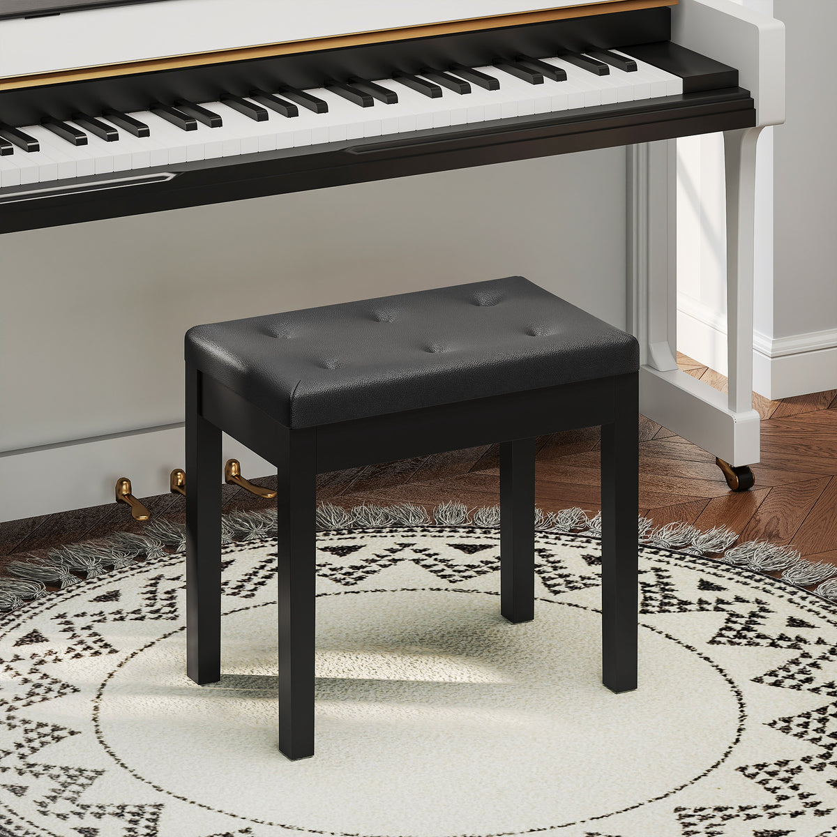 Piano Bench with Storage and Padded Cushion, Faux Leather Keyboard Bench with Solid Wood Legs, Black