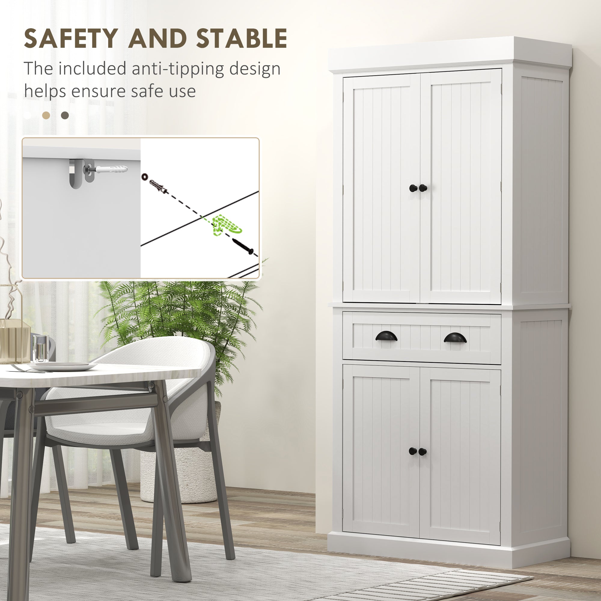 71" Pantry Cabinet with LED Motion Sensor Light, Freestanding Kitchen Pantry with 6 Spice Racks, Drawer and Adjustable Shelves, Tall Buffet Cabinet with Hutch, White