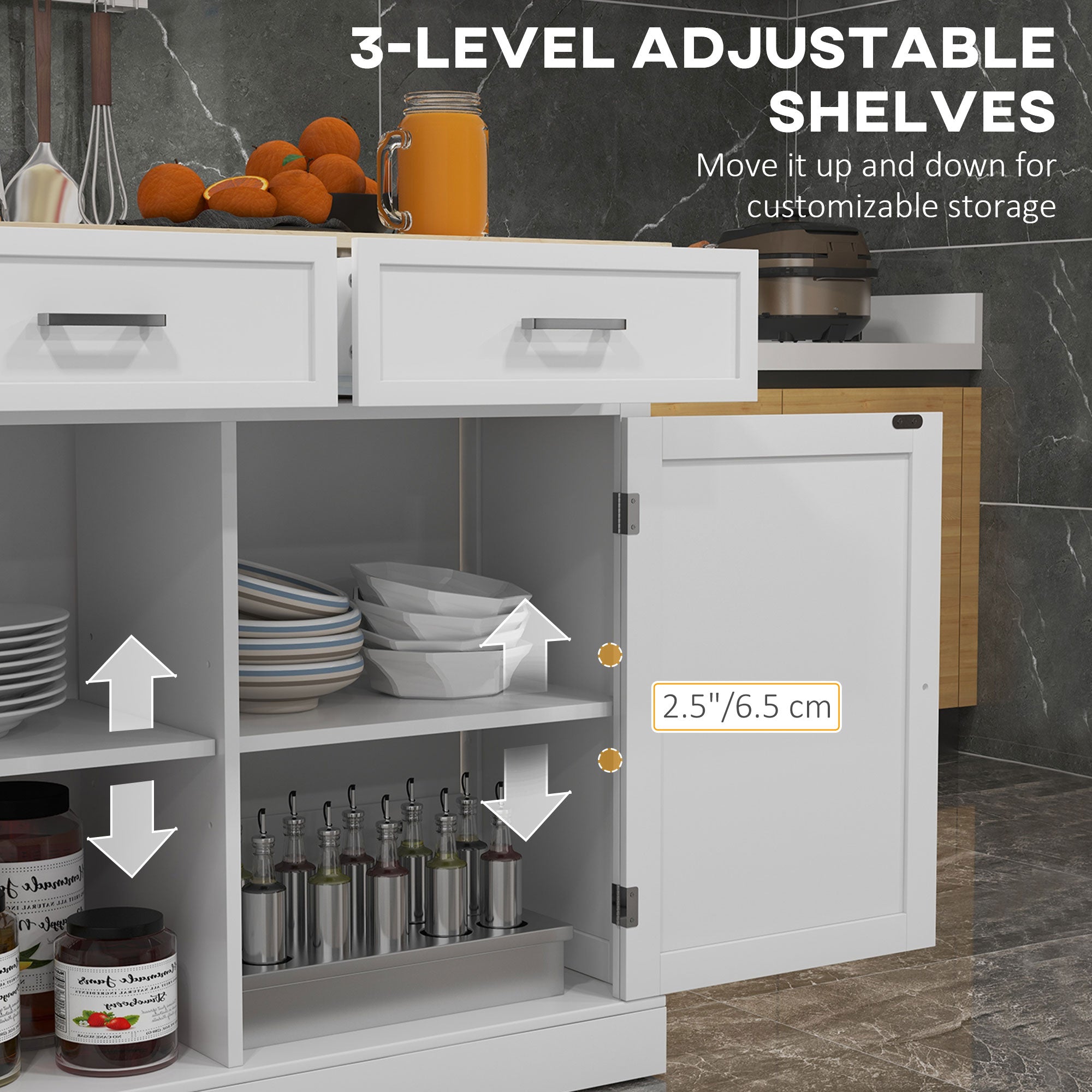 Rolling Kitchen Island with Drop Leaf, Wood Breakfast Bar Cart with 2 Drawers, White