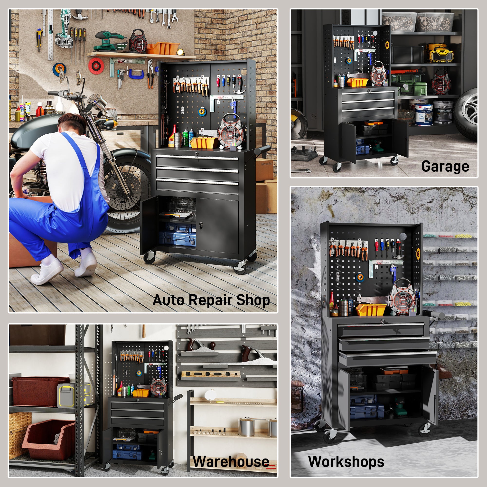 Rolling Tool Cabinet with Pegboard, Lockable Tool Chest with 3 Drawers and Adjustable Shelf, Mobile Tool Storage Organizer for Garage and Workshop, Black