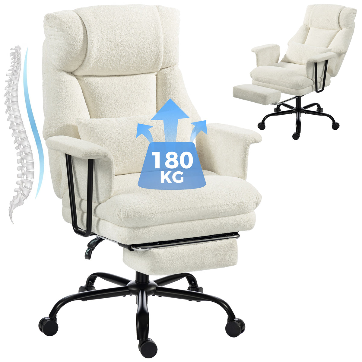 Office Chair, 400 lbs Heavy Duty Raindrop Velvet Computer Desk Chair with Lumbar Support, Wide Seat, Spring Cushion, Reclining Backrest, Footrest, Swivel Wheels, Cream White