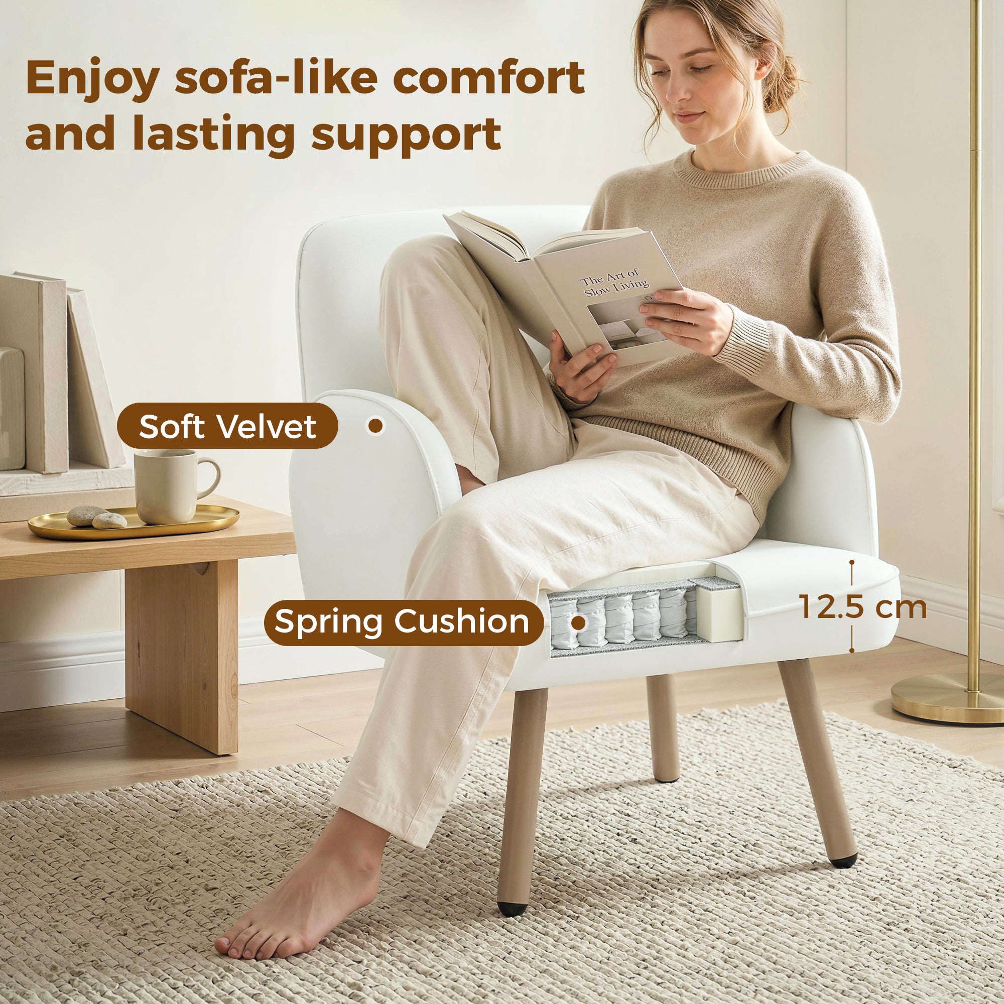 Modern Lounge Chair, Velvet Upholstered Bedroom Lounge Seat with Spring Cushion, Carbon Steel Frame, Armchair with Adjustable Feet, for Living Room, Bedroom, Study, Office, Cream White