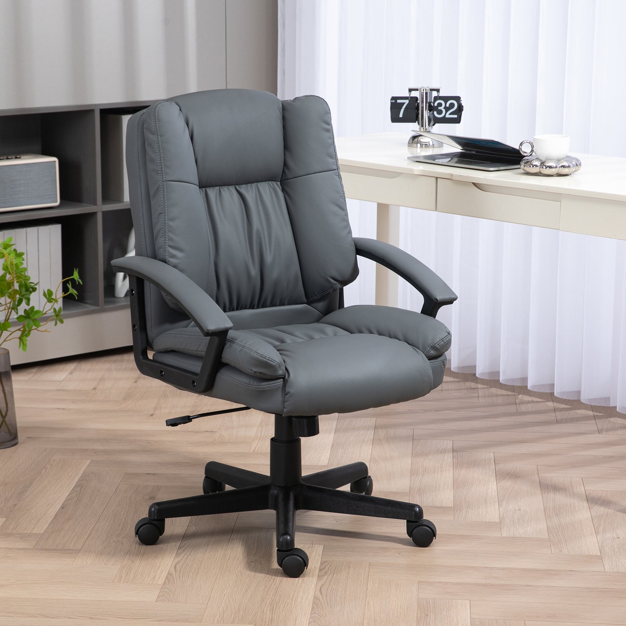 HOMCOM Office Chair, Faux Leather Computer Desk Chair, Mid Back Executive Chair with Adjustable Height and Swivel Rolling Wheels for Home Study, Dark Grey