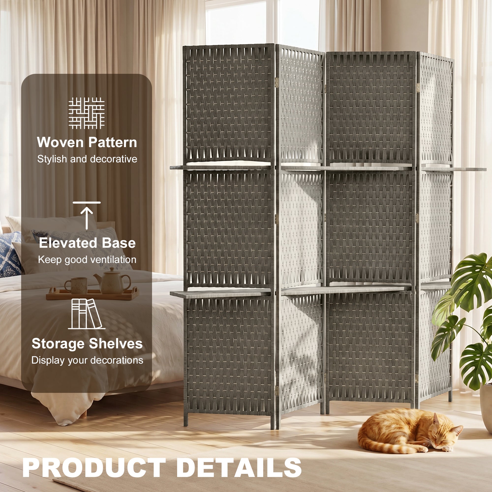 4-Panel Room Divider with Shelves, Wave Fibre Freestanding Folding Privacy Screen Panels, Partition Wall Divider for Indoor Bedroom Office, 180 cm, Grey