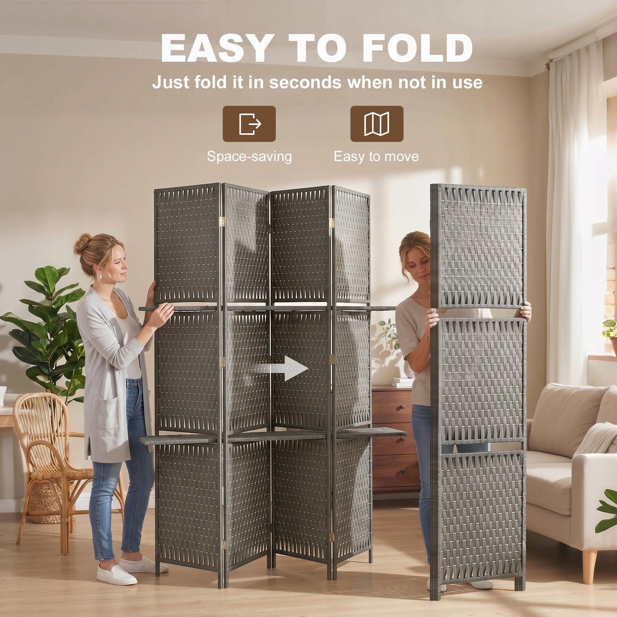 4-Panel Room Divider with Shelves, Wave Fibre Freestanding Folding Privacy Screen Panels, Partition Wall Divider for Indoor Bedroom Office, 180 cm, Grey