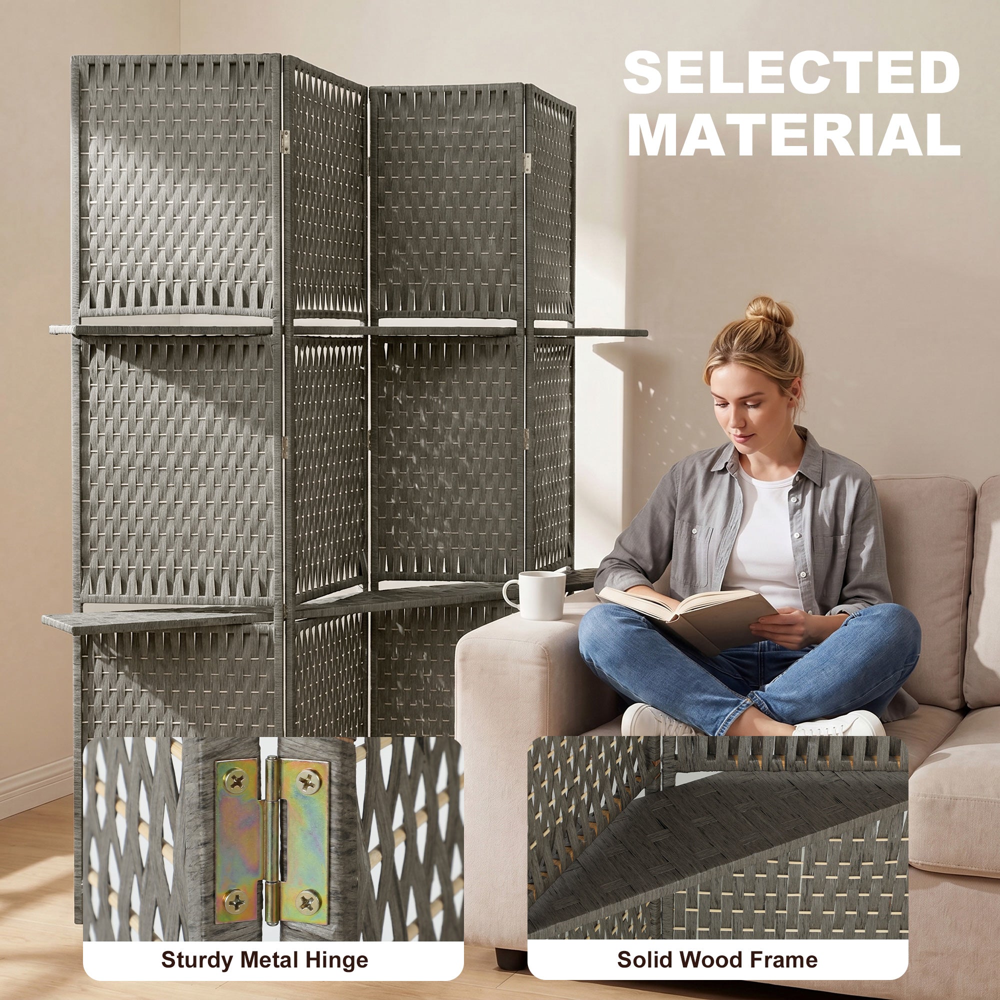 4-Panel Room Divider with Shelves, Wave Fibre Freestanding Folding Privacy Screen Panels, Partition Wall Divider for Indoor Bedroom Office, 180 cm, Grey