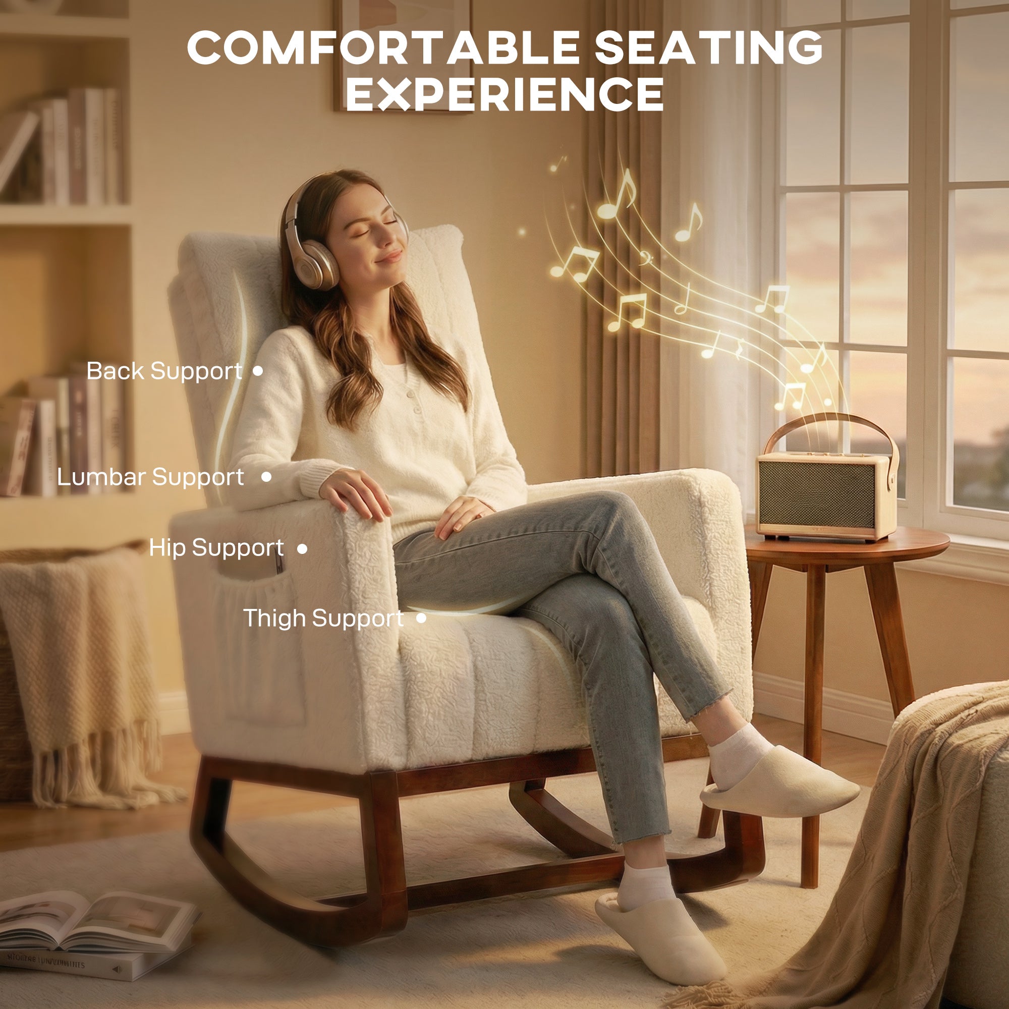 Rocking Chair for Adults, Snow Flannel Upholstered Accent Armchair with Lumbar Pillow, High Back, Wood Base, Side Pockets, Leisure Rocker Lounge Chair for Living Room, Bedroom, Cream White