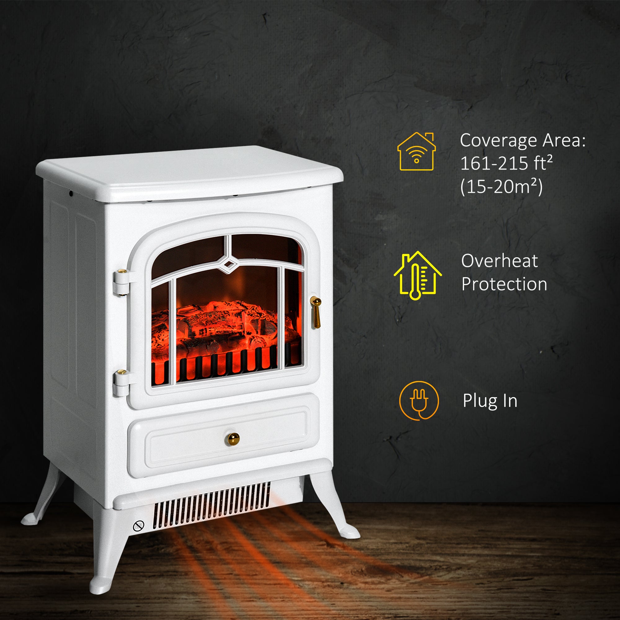16" Freestanding Electric Fireplace Heater Fire Stove with Wood Burning Flame 750/1500W White