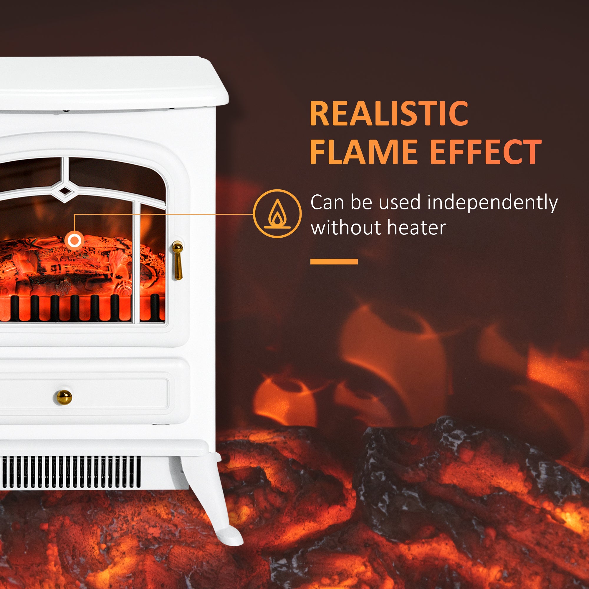 16" Freestanding Electric Fireplace Heater Fire Stove with Wood Burning Flame 750/1500W White