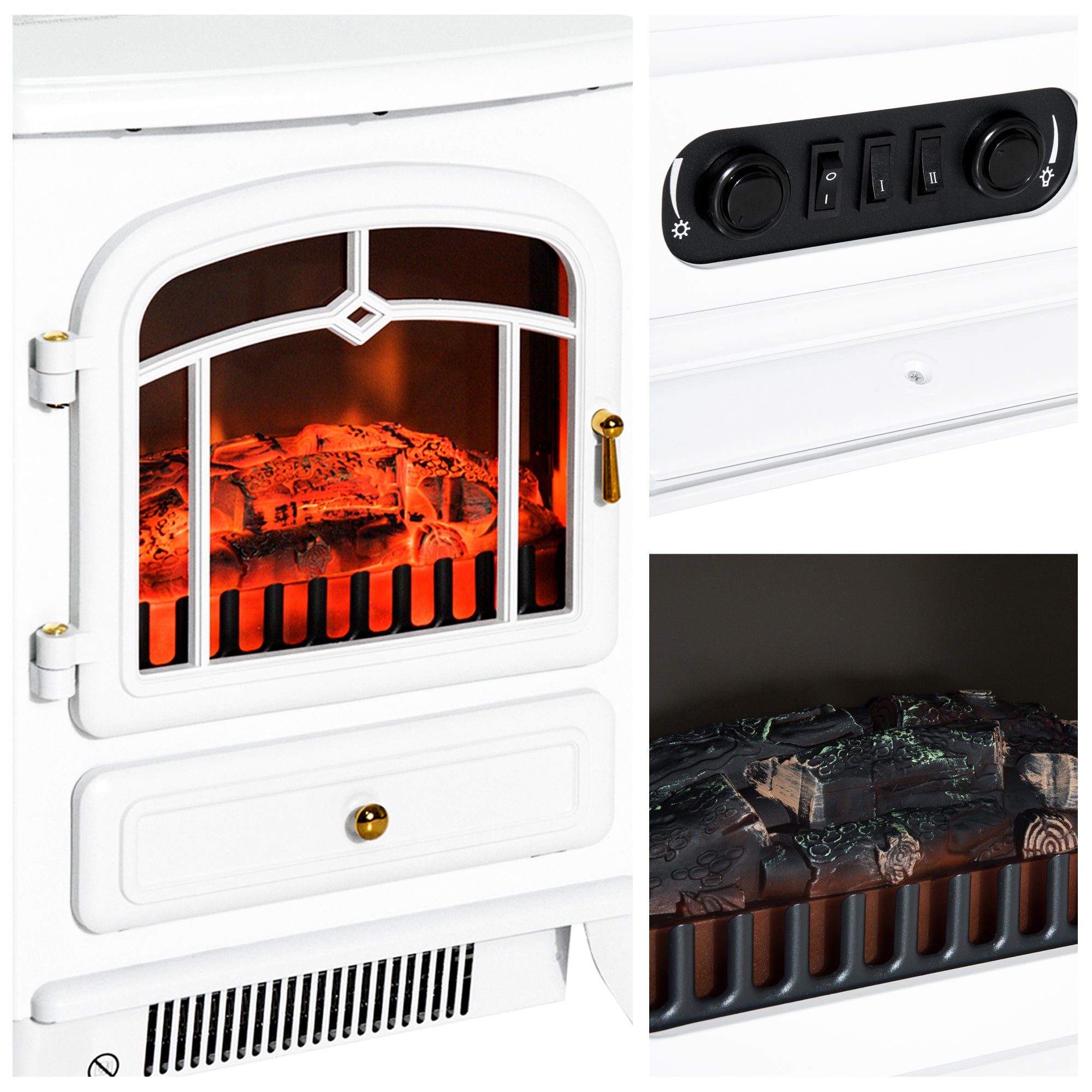 16" Freestanding Electric Fireplace Heater Fire Stove with Wood Burning Flame 750/1500W White