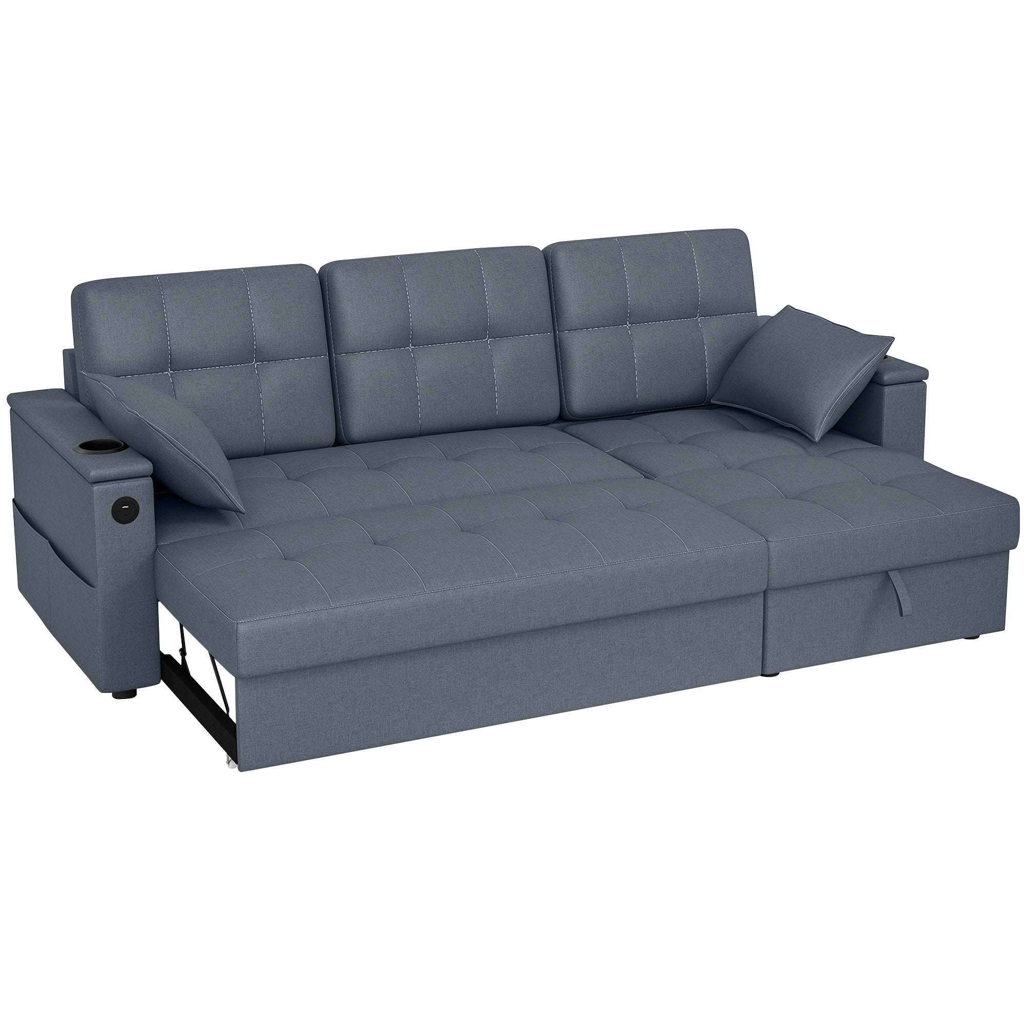 Convertible Sofa Bed, 85" Pull Out Sleeper Sofa with USB Ports, Chaise Storage, 2 Pillows, Linen, L-Shaped Sectional Futon Couch for Living Room, Apartment, Dark Grey