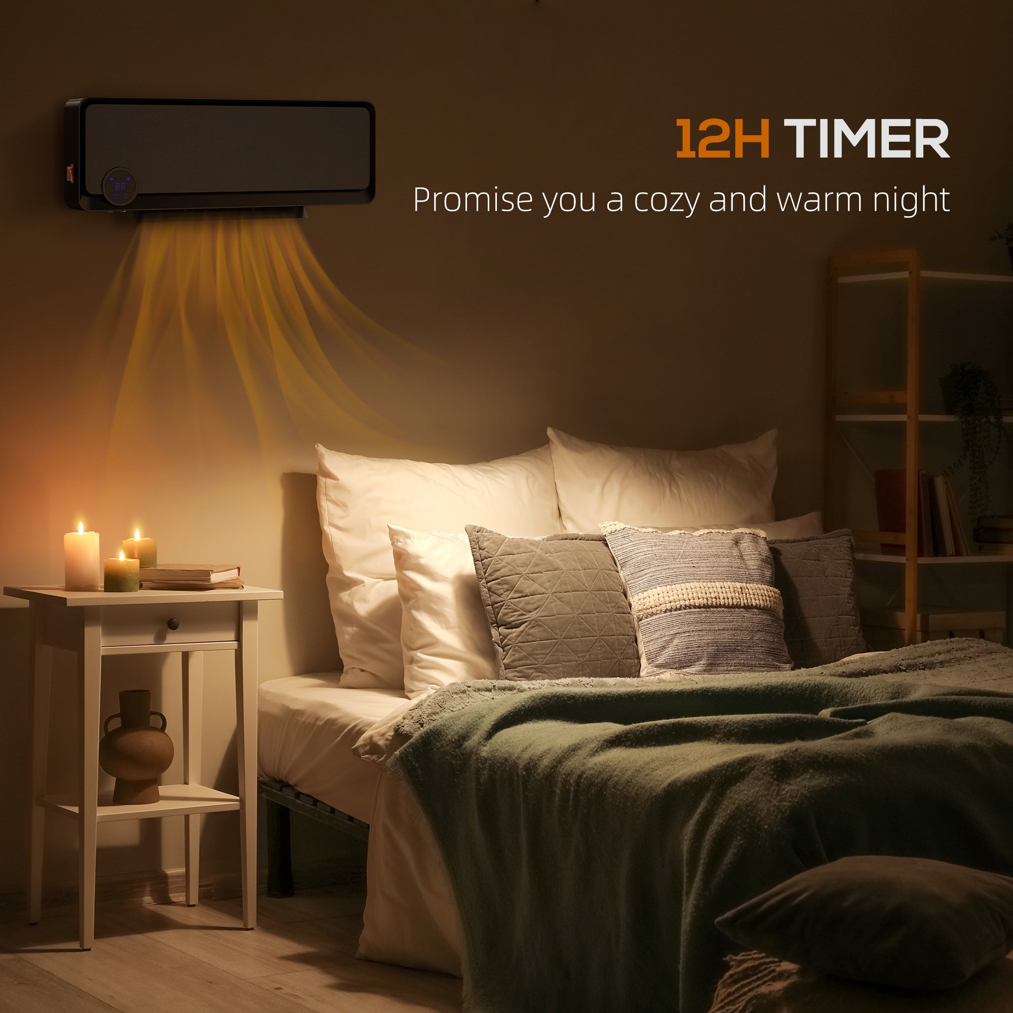 Wall Downflow Heater 2 Heat and Fan 1000W/2000W, Electric Space Heater with Timer Remote Oscillating, for Bedroom Home Office, Black