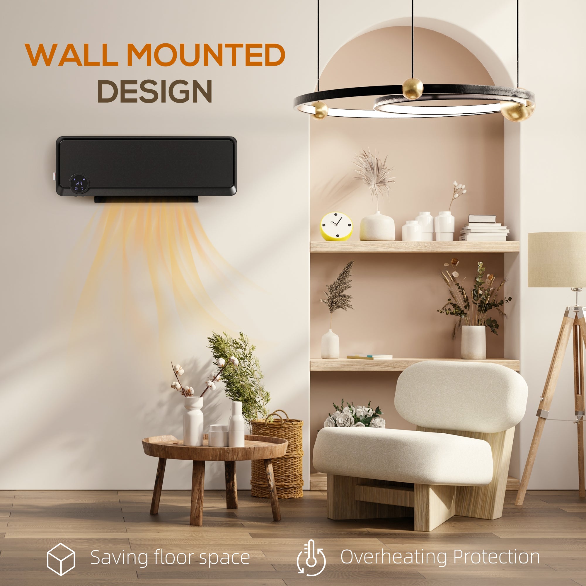 Wall Downflow Heater 2 Heat and Fan 1000W/2000W, Electric Space Heater with Timer Remote Oscillating, for Bedroom Home Office, Black